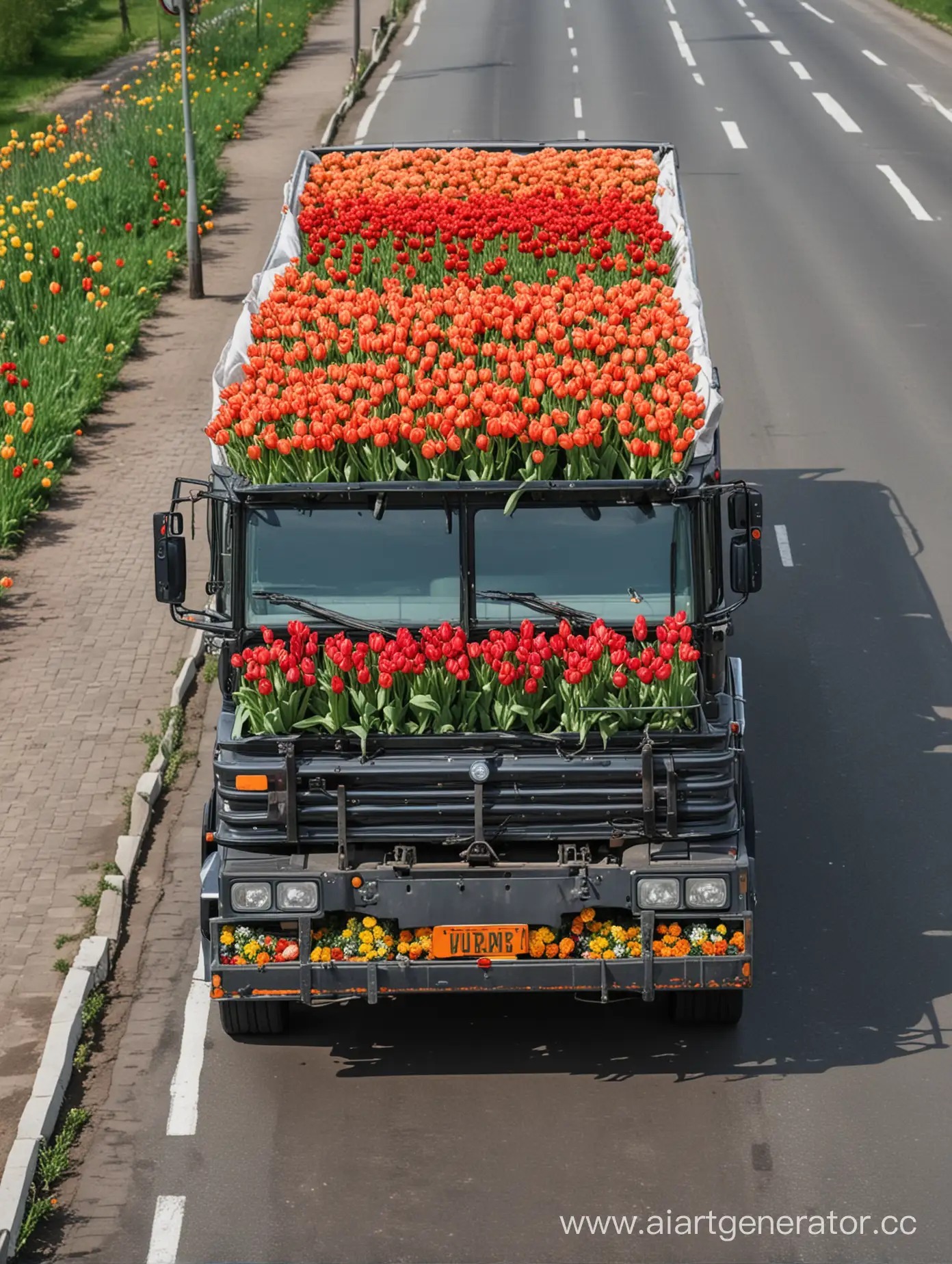 город москва, дороге едет грузовик  а в его кузове тюльпаны