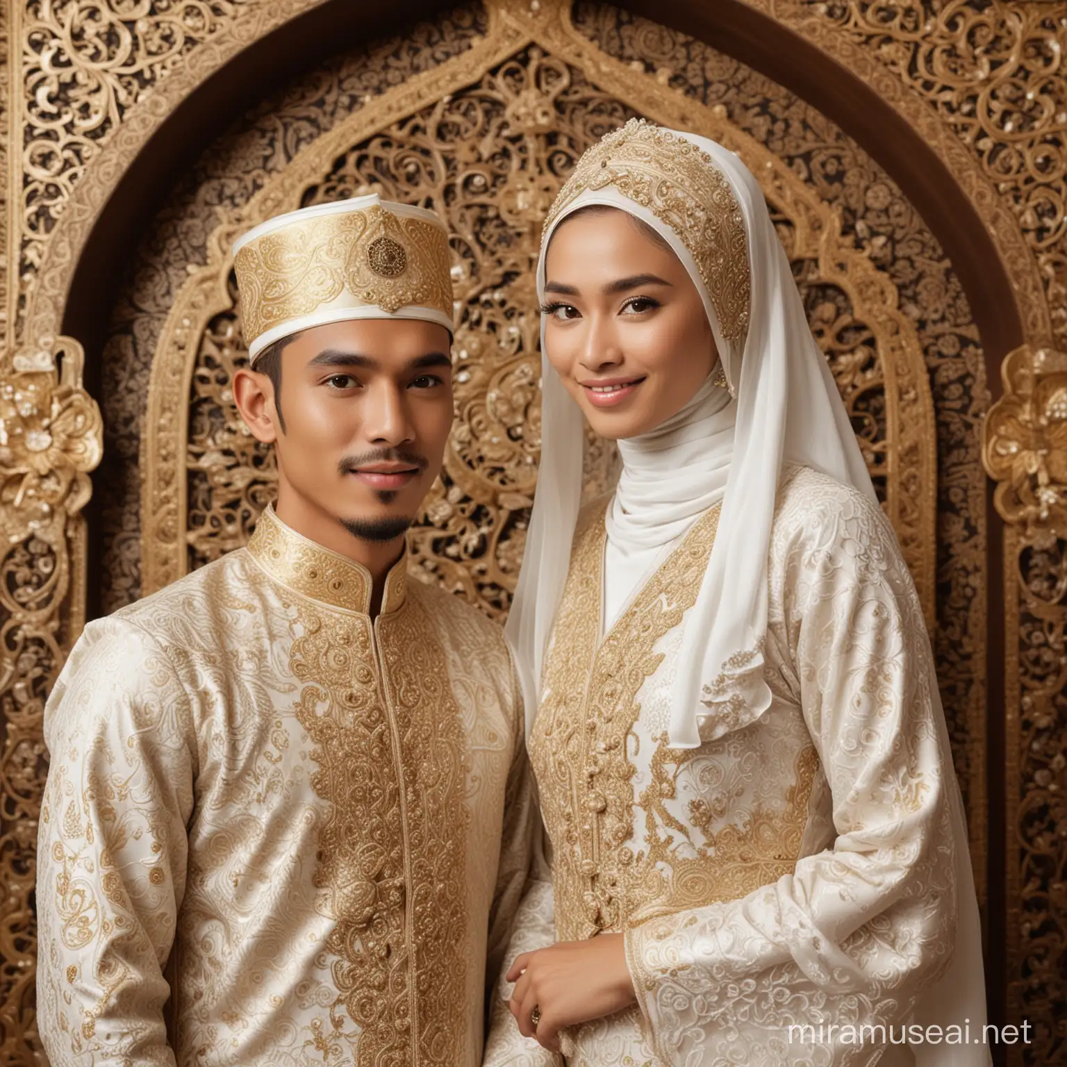 pengantin cowok dan perempuan, wajah bersih glow up ,tidak berjenggot, memakai gaun mewah versi islami, sangat anggun , usia kira kira 25 tahunan wajah asli jawa indonesia, baiground dekorasi mewah, ada papan bertuliskan "SIGIT & NINGSIH"