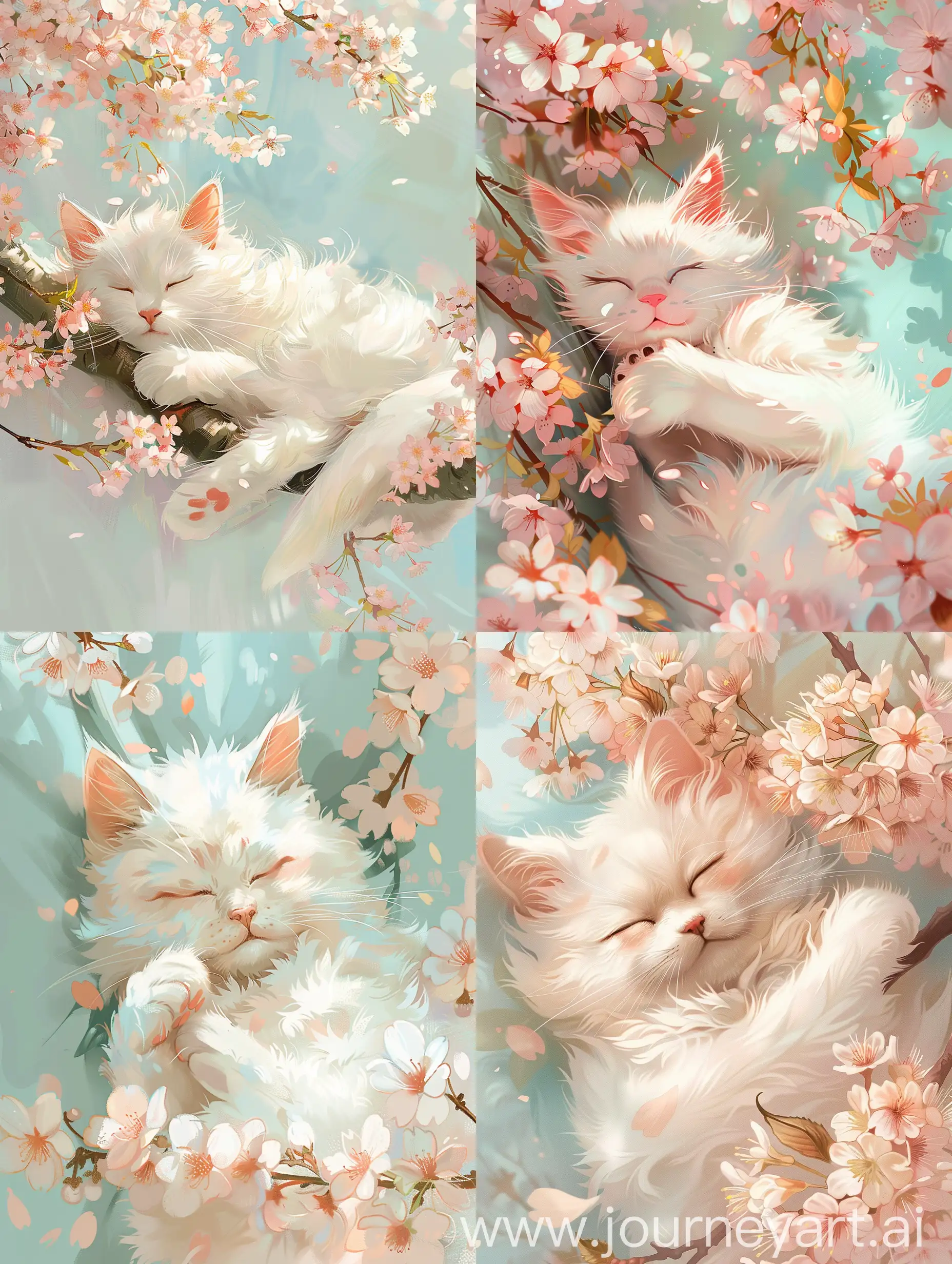 Sleeping white fluffy kitty, sleeping in sakura flowers, spring background, light blue, light pink, light yellow, peach colour, soft anime art