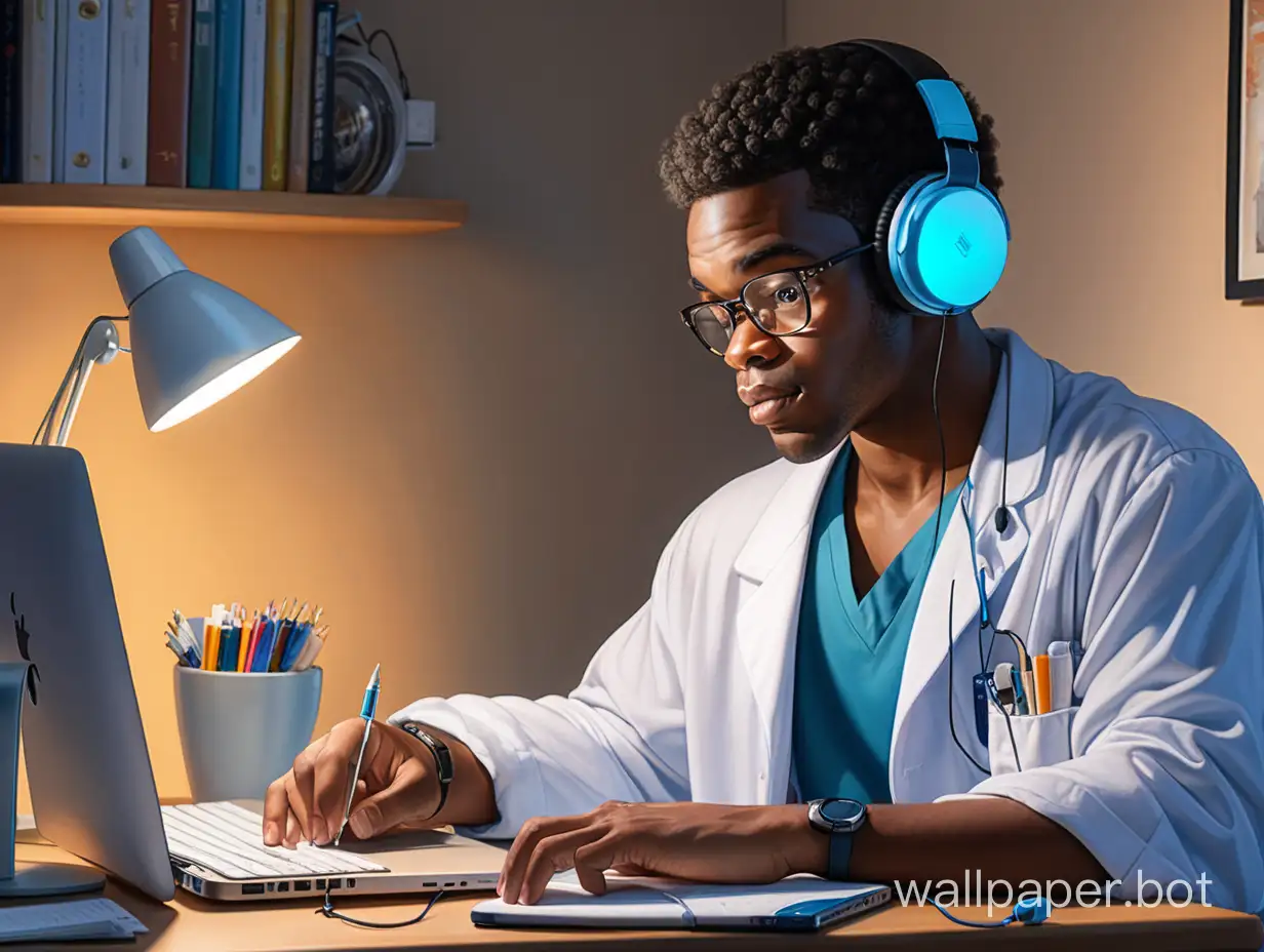 black man with earphone studying medicine on computer in bedroom