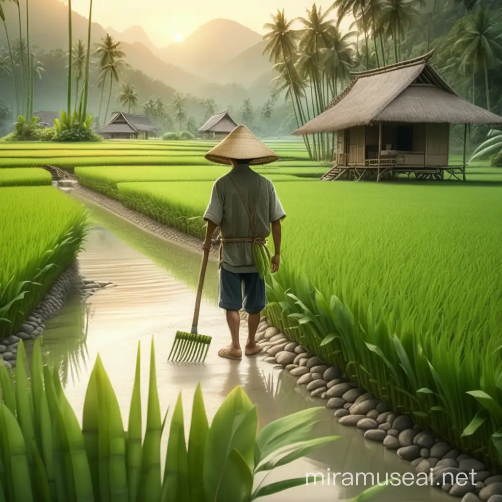 Farmer with Hoe in Rice Field by Clear River and Bamboo House at Dawn