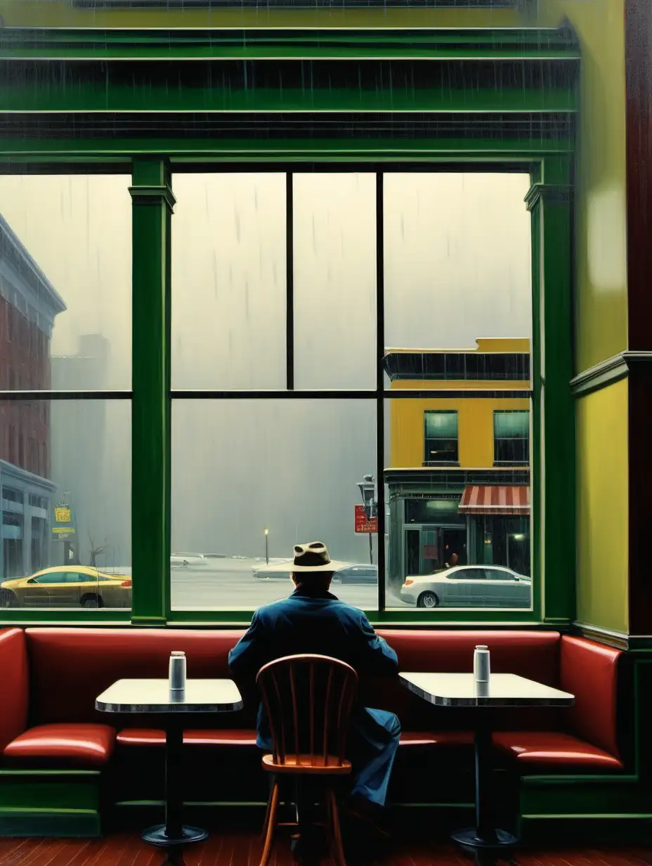 in style of edward hopper, one lone patron at table in coffee shoppe, showing the entire interior, as he looks at of large glass window onto unrban environment on a rainy day.