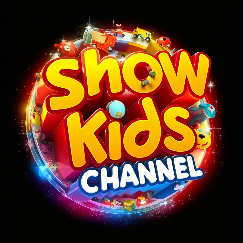 Logo en 3D circular para un canal infantil llamado "SHOW KIDS CHANNEL".
Colores: muy intensos rojo, amarillo y azul.
Tipografía: divertida y legible.
Elementos visuales: iconos relacionados con la infancia, como juguetes, animales o estrellas.
