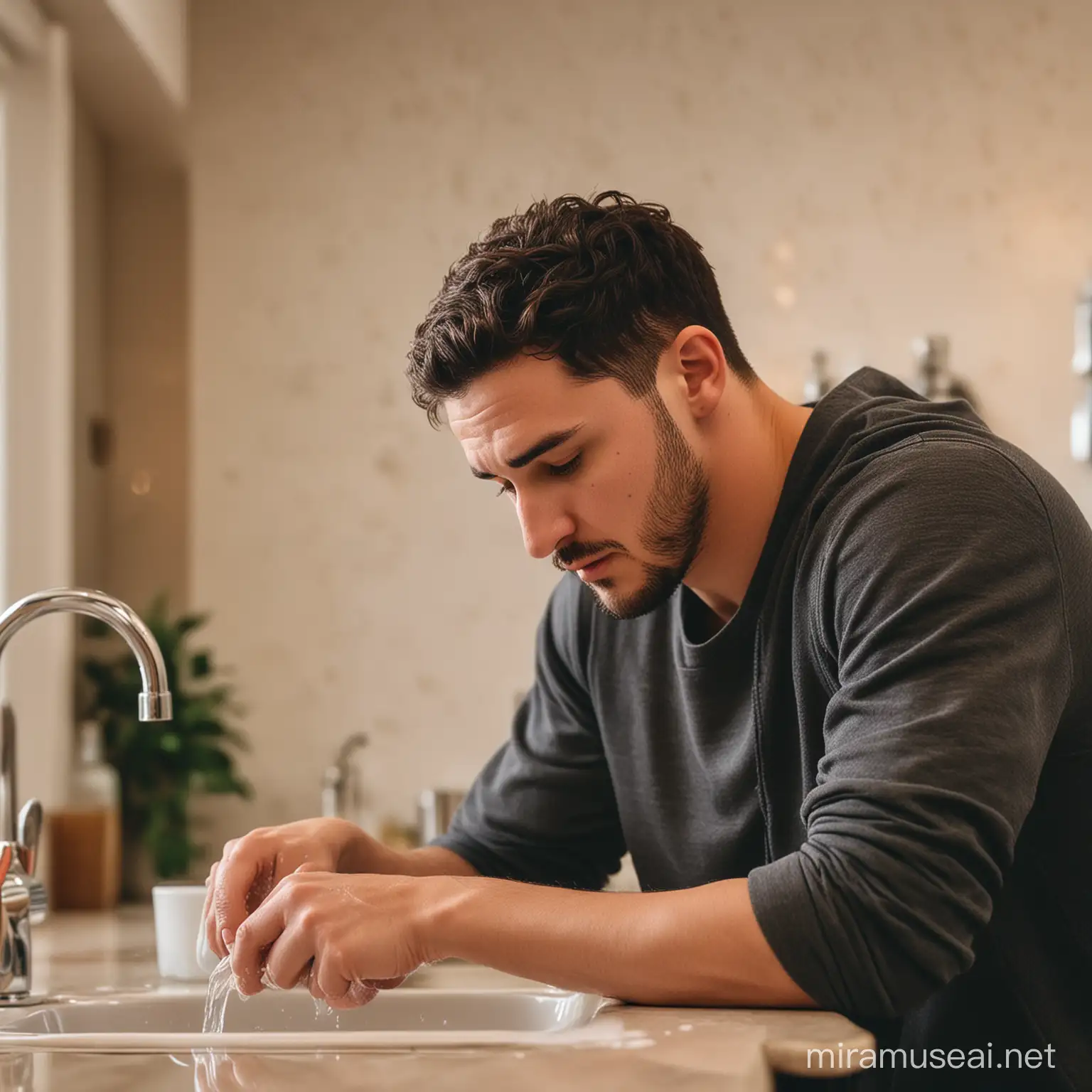 Photo of sad Klay Thompson washing the dishes looking sad and depressed, Shallow depth of field with Bokeh