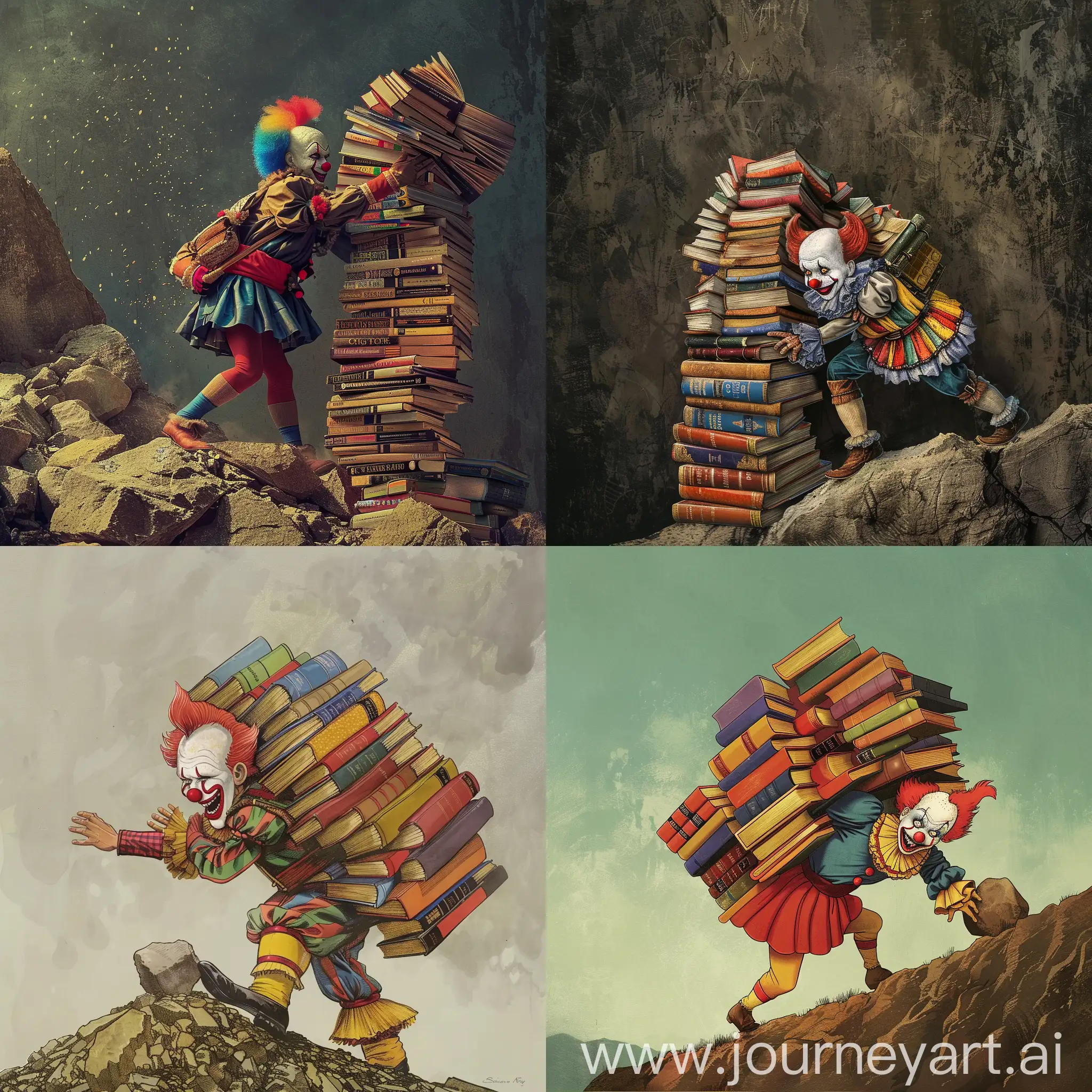 A clown instead of sisyphus pushing heap of books instead of boulder up the hill