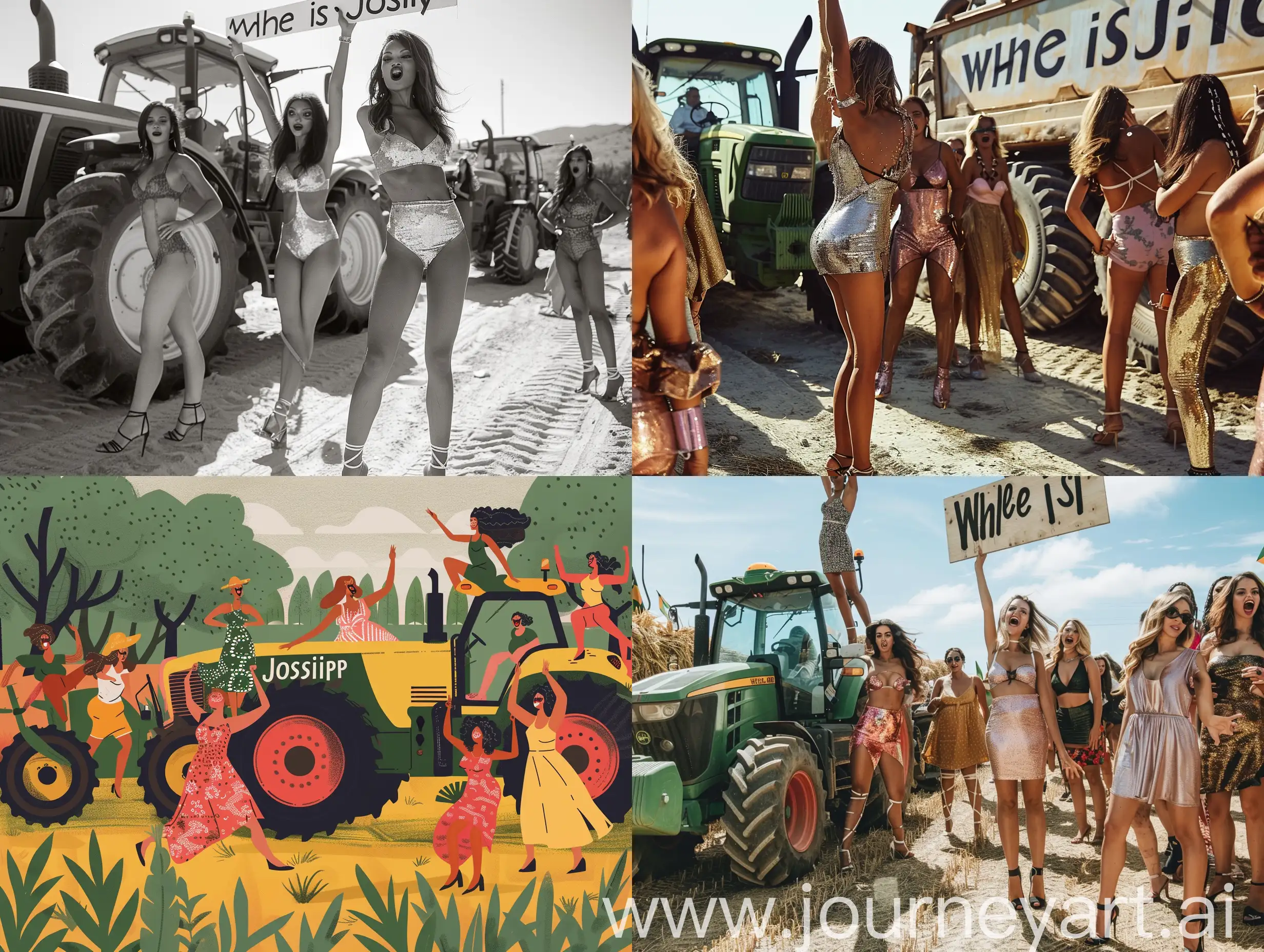 Beautiful brazilian womens in dresses and high heels are demonstrating in front of farm, near tractors, holding the holding large inscription on which is written "Where is Josip?"