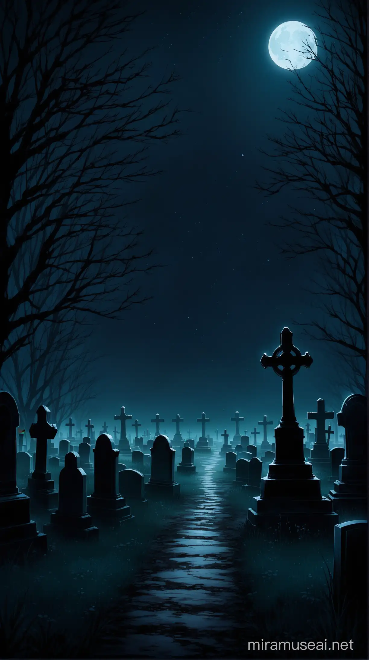 Graveyard, quiet, dim light, night, moonlight, no characters