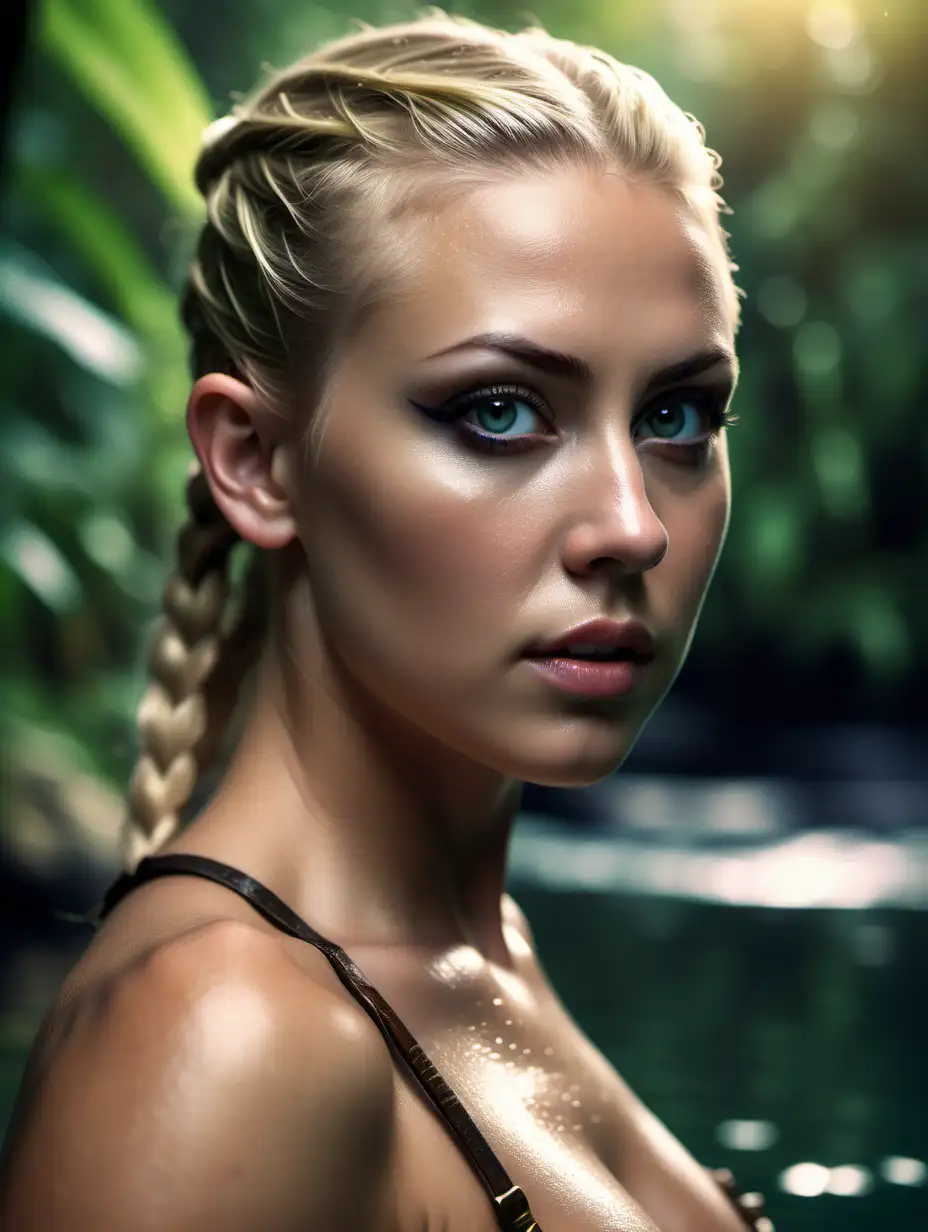Beautiful Nordic woman, very attractive face, detailed eyes, big breasts, slim body, dark eye shadow, blonde hair slicked back, wearing an Amazonian warrior , close up, bokeh background, soft light on face, rim lighting, facing away from camera, looking back over her shoulder, swimming in the jungle River, photorealistic, very high detail, extra wide photo, full body photo, aerial photo