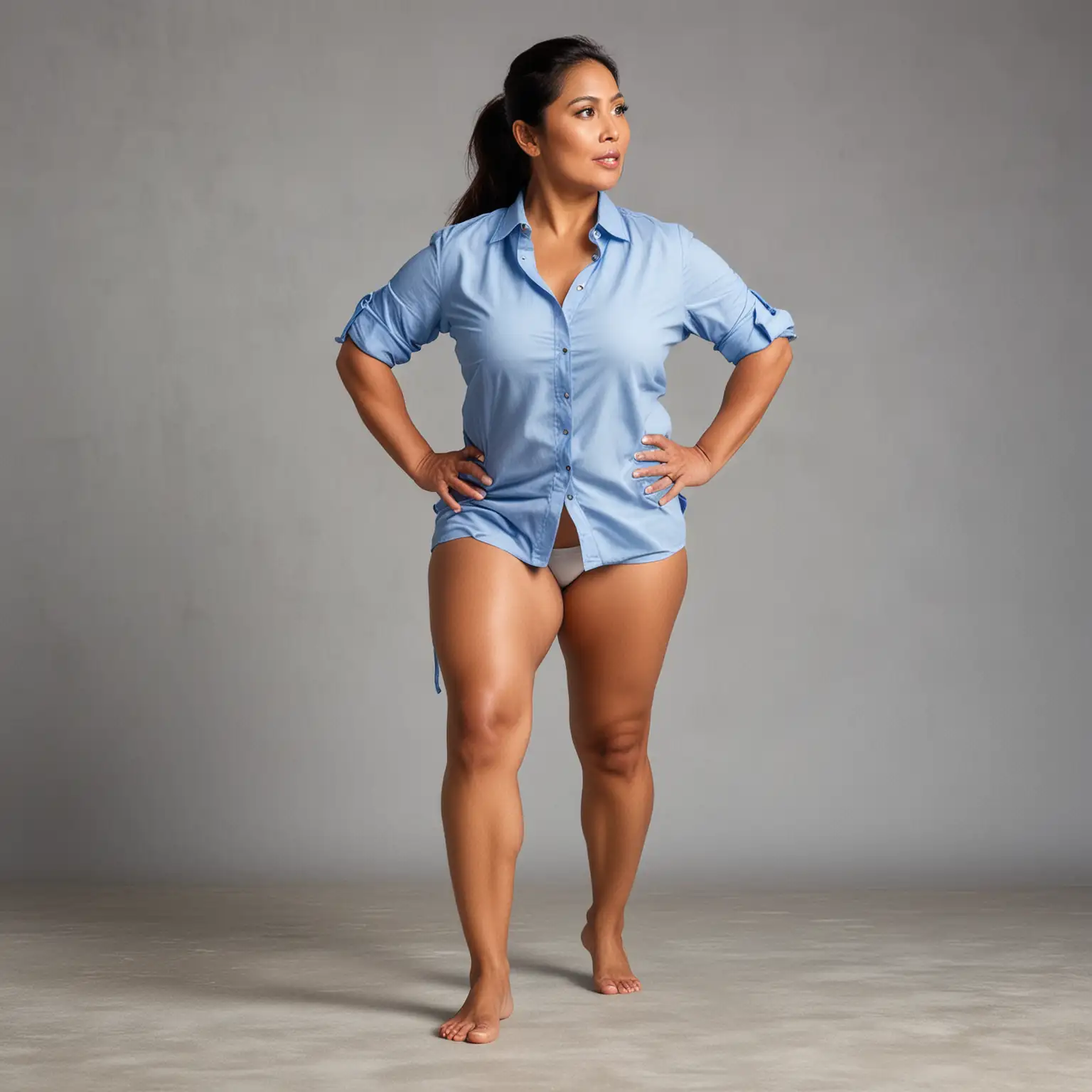Beautiful, Mature, Curvy Filipino Woman wearing an untucked stretched light blue button down shirt, no pants or skirt, no shoes, hands to hips,  shown performing squats down.
