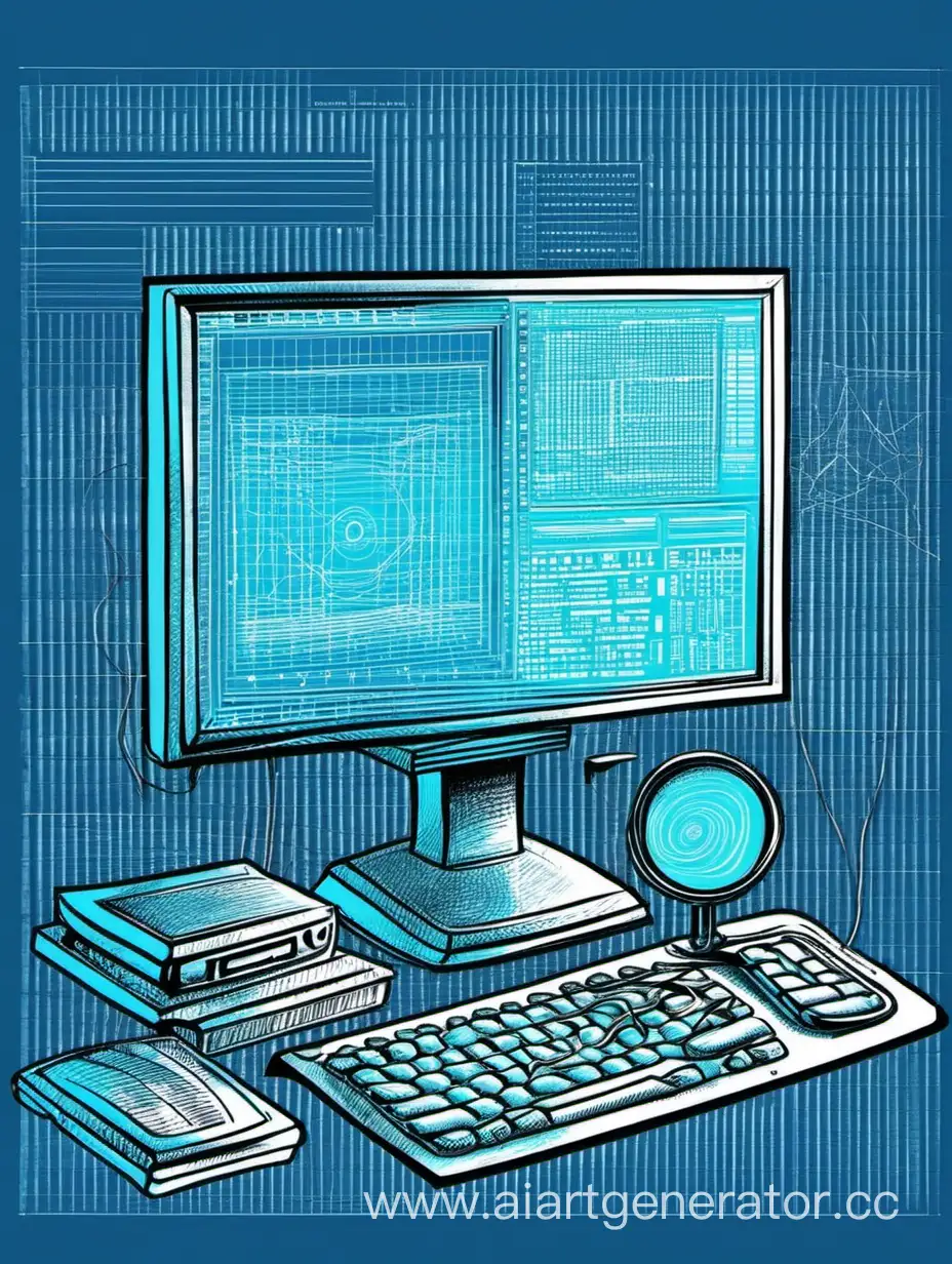 Компьютерный криминалист рисованная графика. Голубые тона. Рисунок