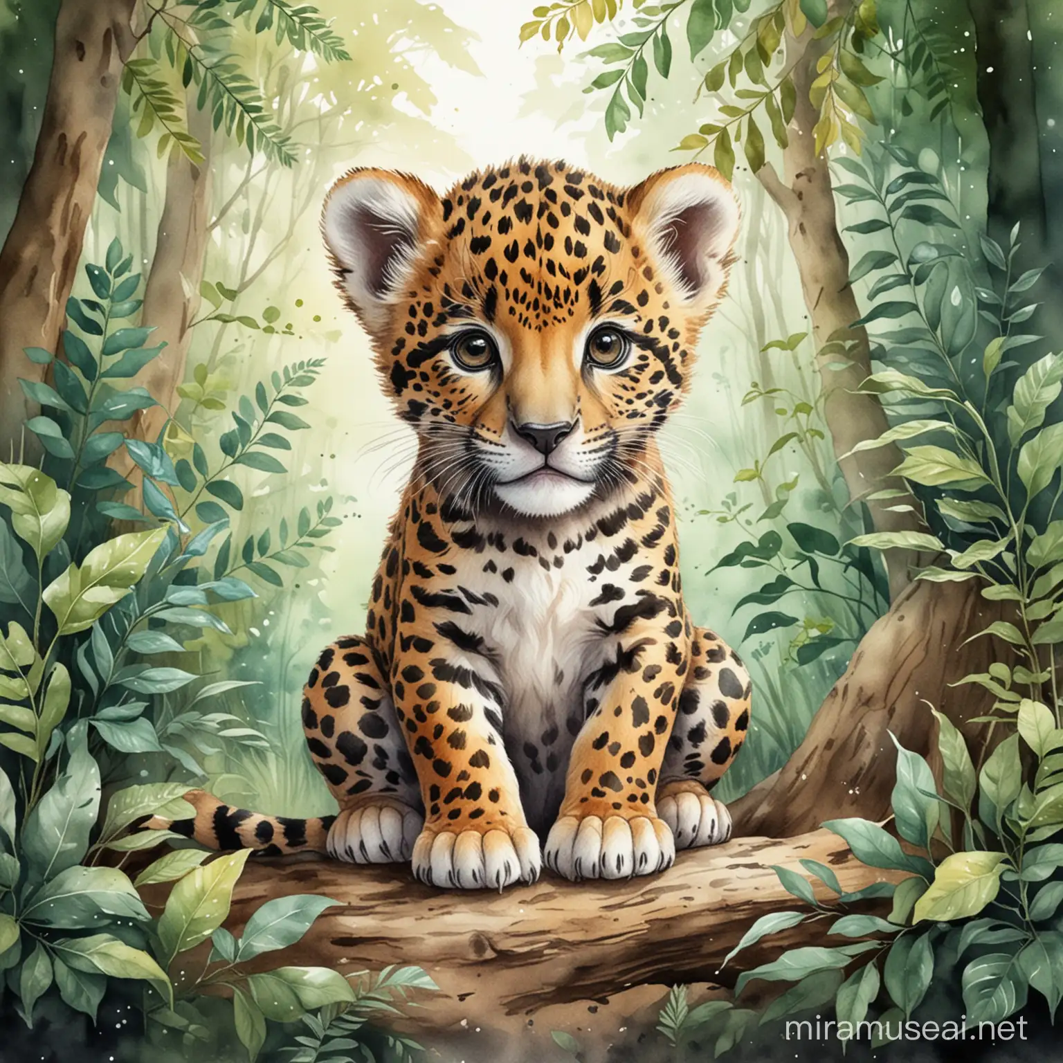 Charming Baby Jaguar Watercolor Art in a Mystical Forest Setting