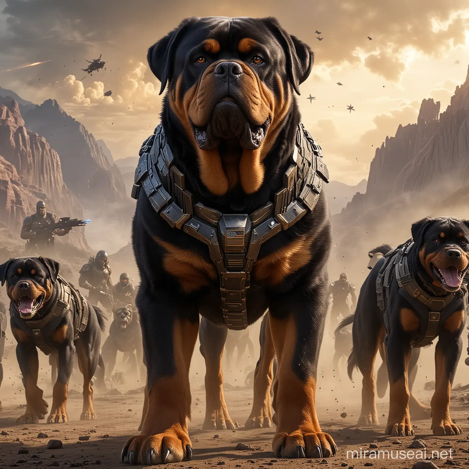 Fierce Thanos Leading his Rotweiler Army on the Planet Titan