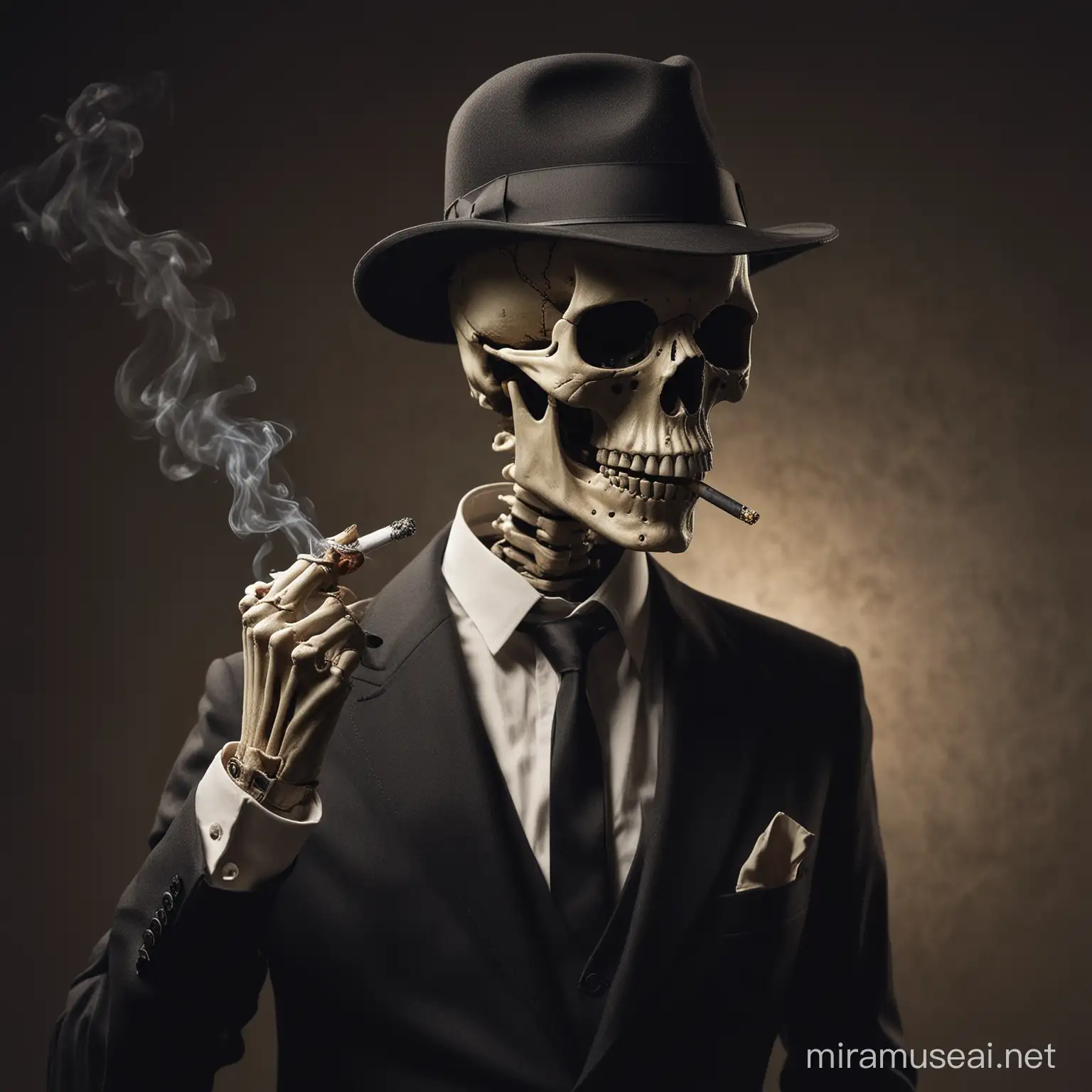 Skeleton in a suit and fedora lighting  a cigarette