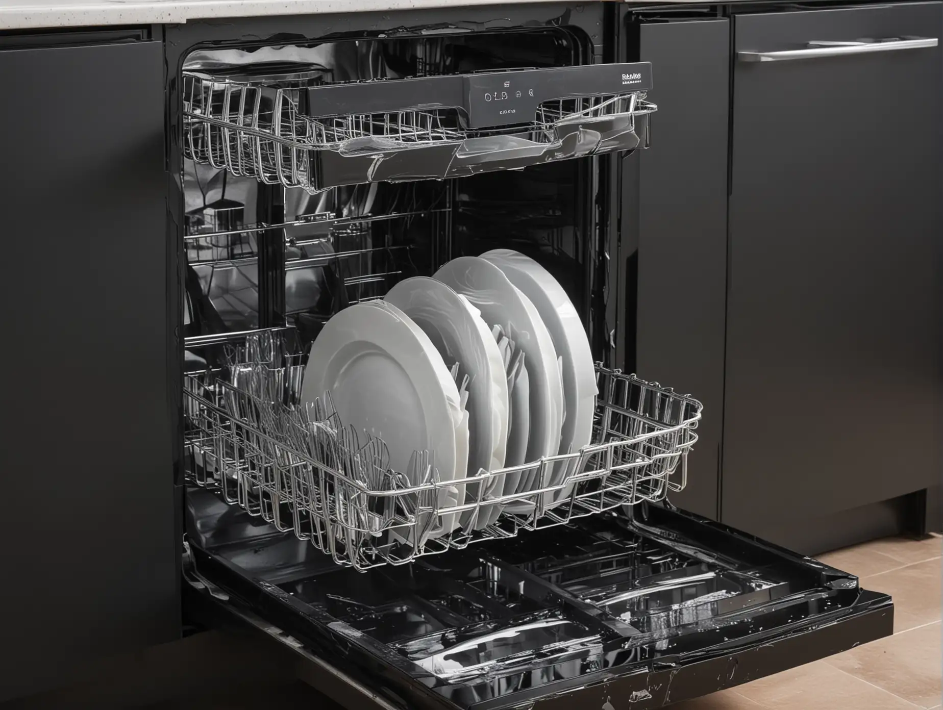 Фотография дорогой сломанной посудомоечной машины черного цвета 