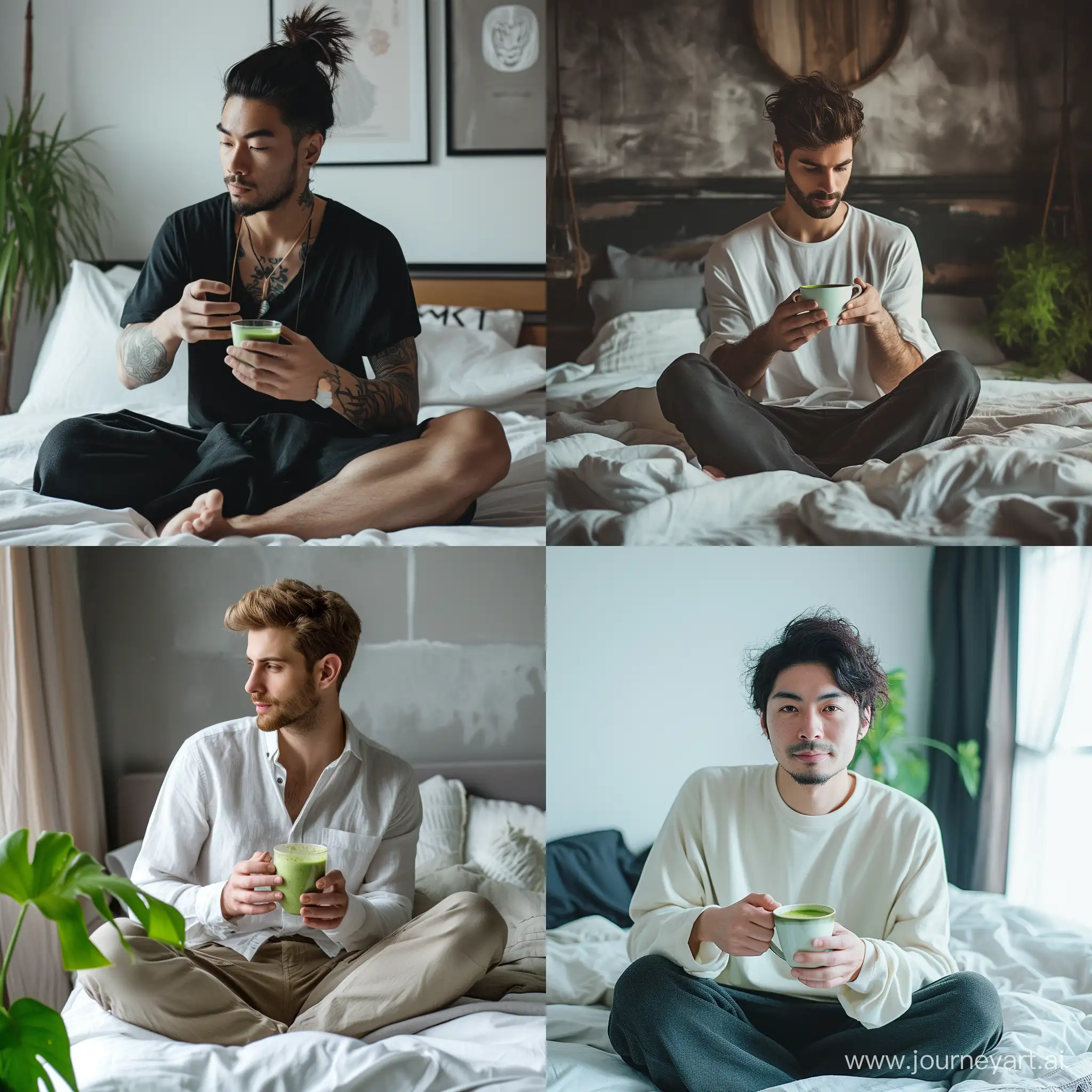 Real and natural photo of a man sitting on the bed in the bedroom and holding a cup of matcha tea. All details are accurate.