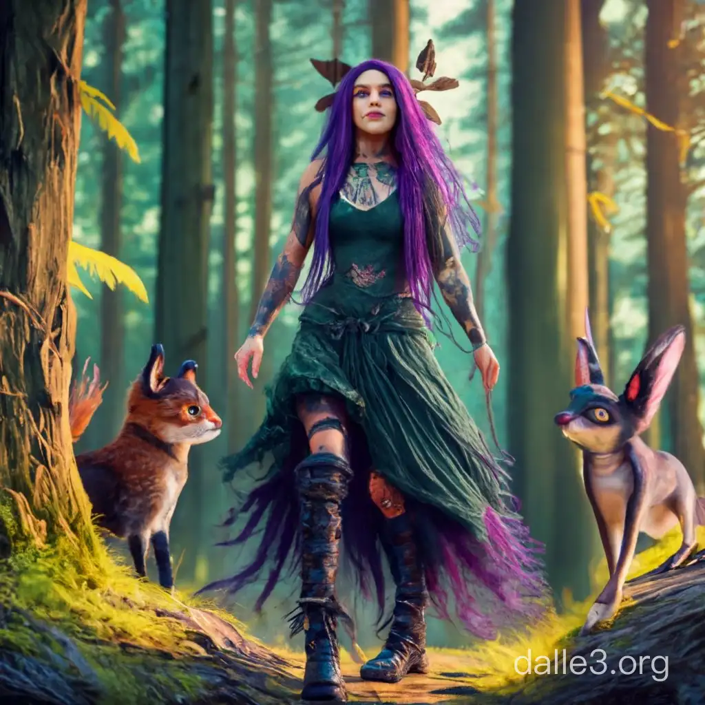 A gothic fairy leads the ceremony of woodland critters in the forest and she has long purple dread locks and lots of tattoos and lots of piercings and knee high black boots with straps and a pentagram dark knitted jumper and green eyes