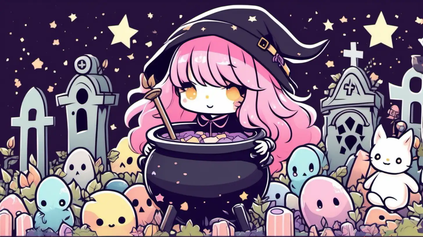 Charming Pastel Goth Witch Brewing Magic Among Graveyard