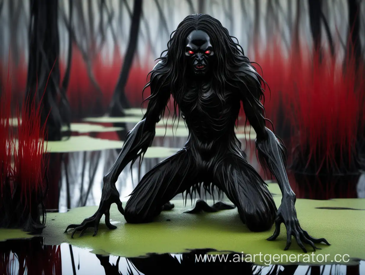 чёрный человек на корточках, волосы из длинных и широких водорослей апоногетон, на фоне тёмного болота, клыки как у вампира, красные глаза
