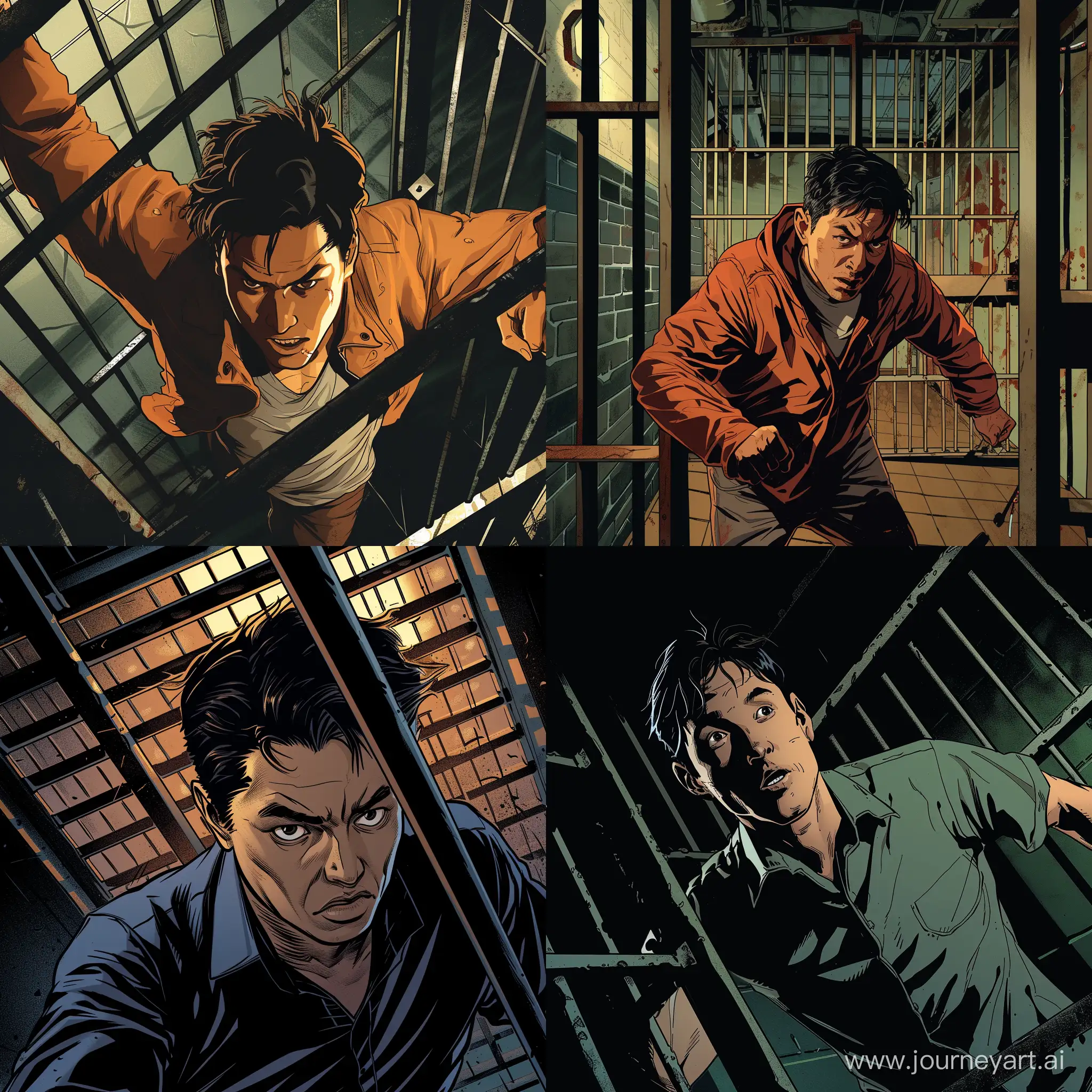 Asian thief escapes jail, little lighting, modern american comic book style.