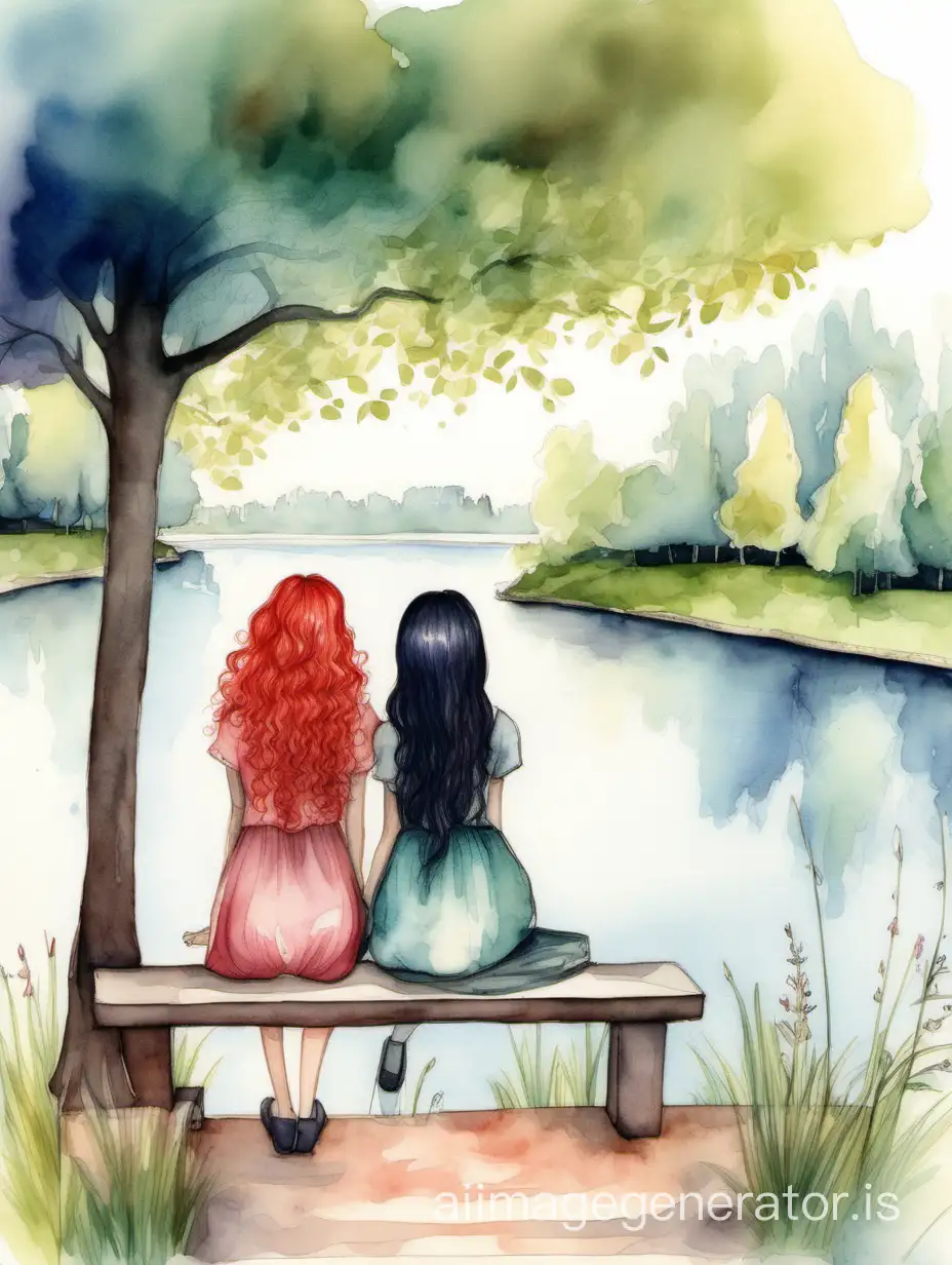 there are two girls in a picture. first girl with red curly hair is sitting on a bench on the left side, second on the right side is a girl with straight black hair and bangs in a park by the lake. The image has a dreamy mood. drawing in the style of a fairy tale painted in watercolor