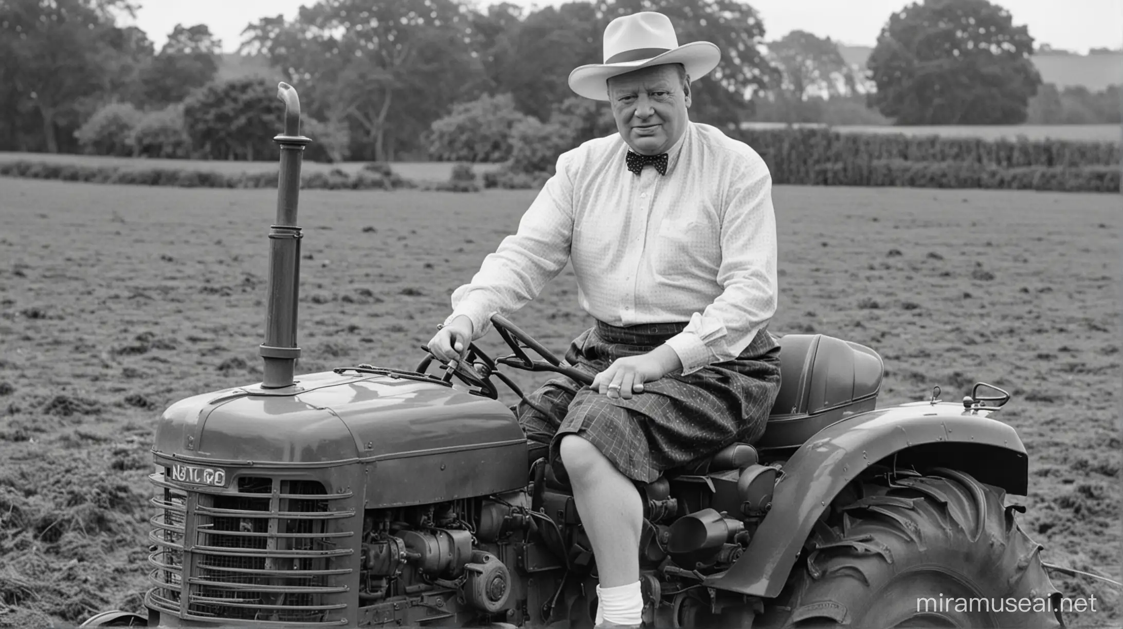 Winston Churchill wearing a blouse and poodle skirt. He is driving a tractor. 