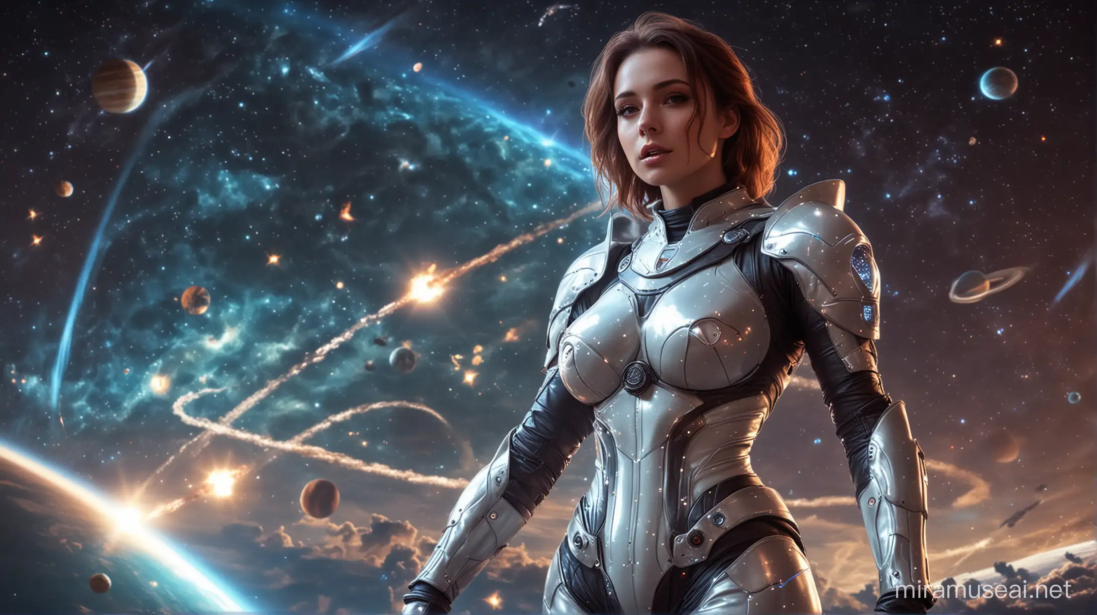 sexy knight girl, sexy make up, big boobs, large tits, tight spacesuit, glowing spacesuit, cian spacesuit, space planets, rockets in the sky