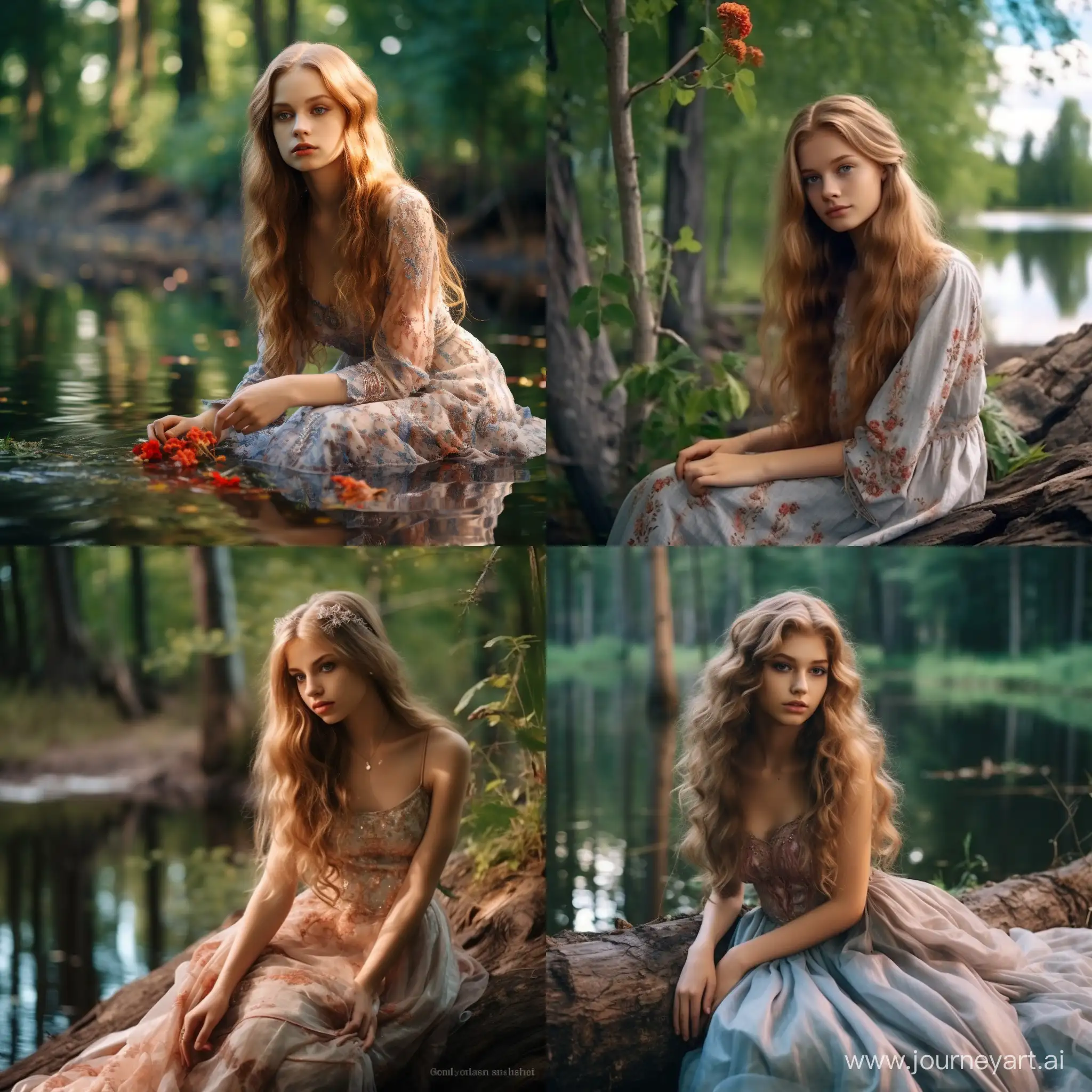 Милая молодая русская девушка оксана грустит в сказочном лесу возле красивого озера среди деревьев