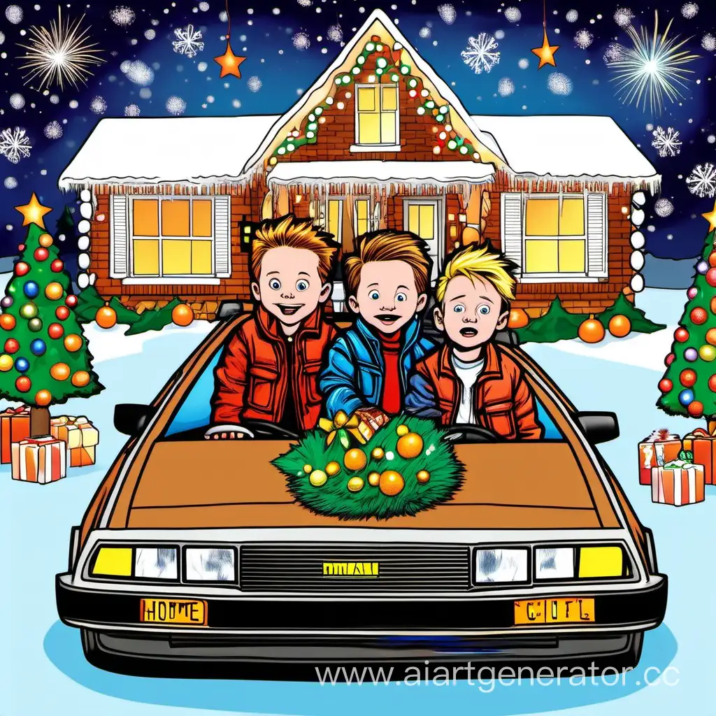 Student Michael J. Fox (Martin McFly Back to the future) and Macaulay Carson Culkin (Kevin McCallister from Home Alone) celebrate New Year in the future, during their time travel journey on DeLorian DMC-12 with Christmas Tree, tangerines and champagne.  Next to the gingerbread house.