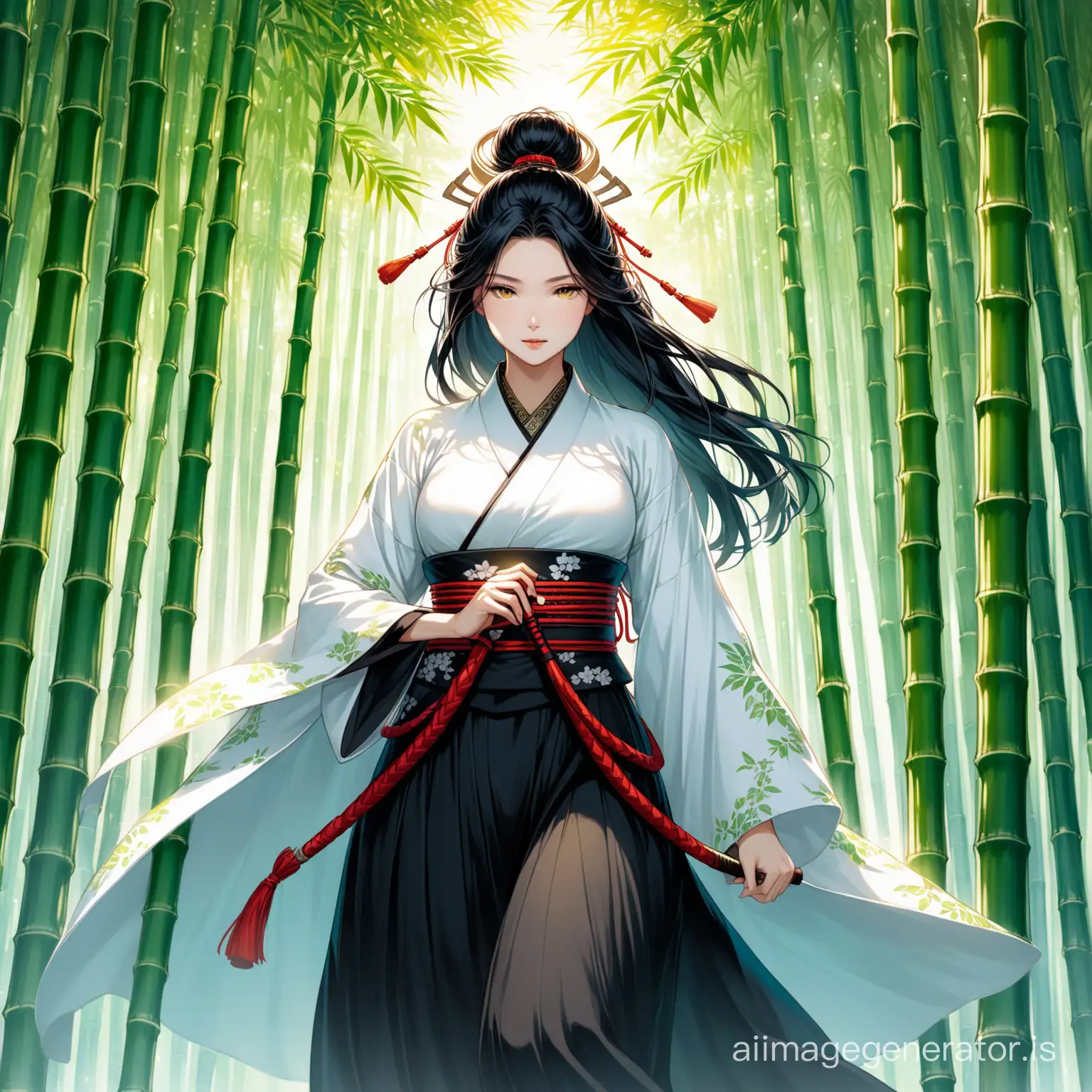 Imagine a mysterious female samurai, her presence a captivating blend of nature's essence and warrior's spirit. She wears a striking black and white Hanfu with an open back, symbolizing the harmony between light and darkness. Jet black hair cascades down her back like a waterfall of shadows, framing features that emanate with an otherworldly radiance. Her skin, a fusion of human and plant matter, glows with an ethereal luminescence, while her eyes pierce the soul with their vivid yellow hue, reflecting a primal wisdom born of the earth itself. Adorned with intricate floral patterns that intertwine with her attire, she exudes an aura of mystery and power, a testament to her harmonious bond with the natural world. Set her amidst a tranquil bamboo grove or beneath the canopy of a sacred tree, where the serenity of her surroundings mirrors the strength and grace of her spirit. Capture the essence of her resilience, beauty, and connection to nature in your depiction.