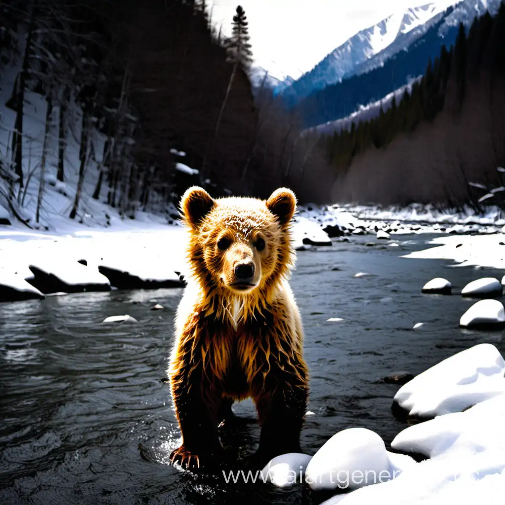 Majestic-SnowCovered-Mountains-Tranquil-Forest-Scene-with-Playful-Bear-Cub