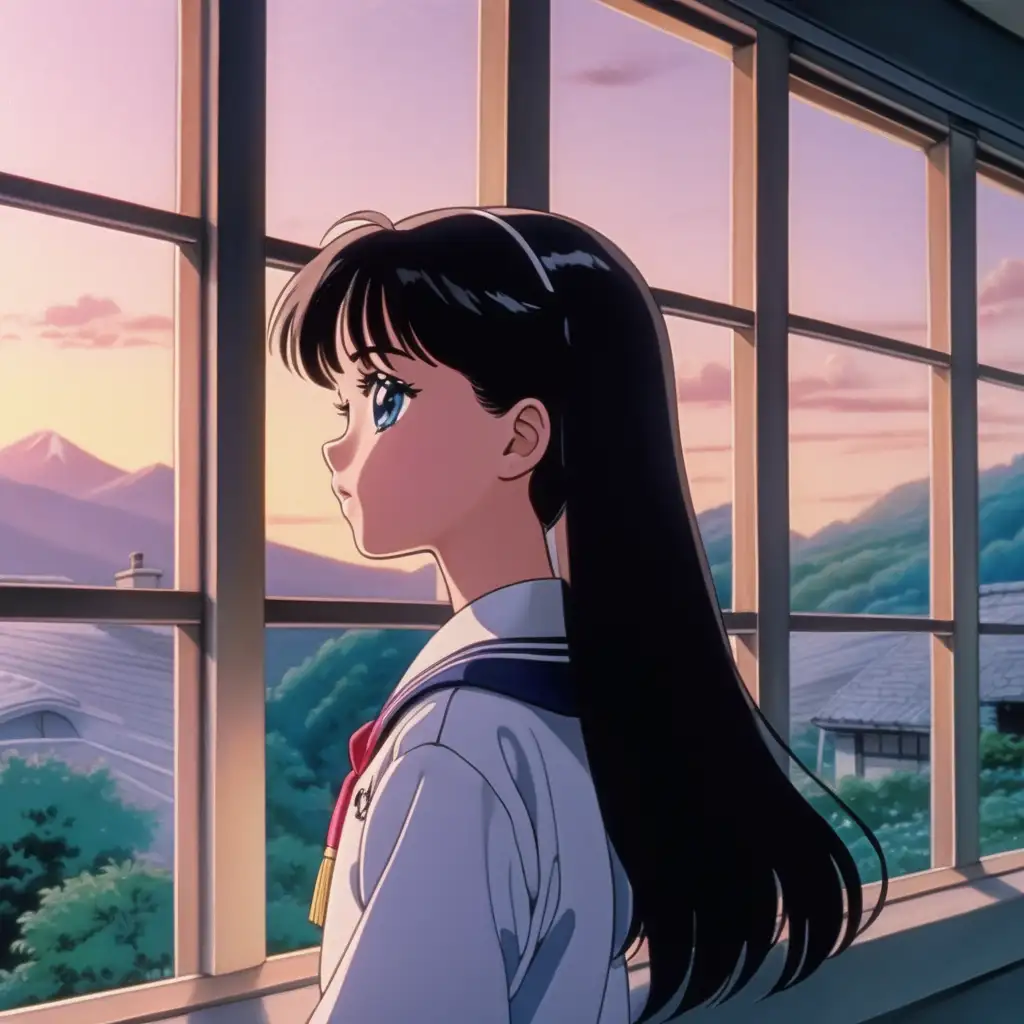 Longing in a Barbie Aesthetic BlackHaired Girl in Japanese School Uniform Gazes Out Window