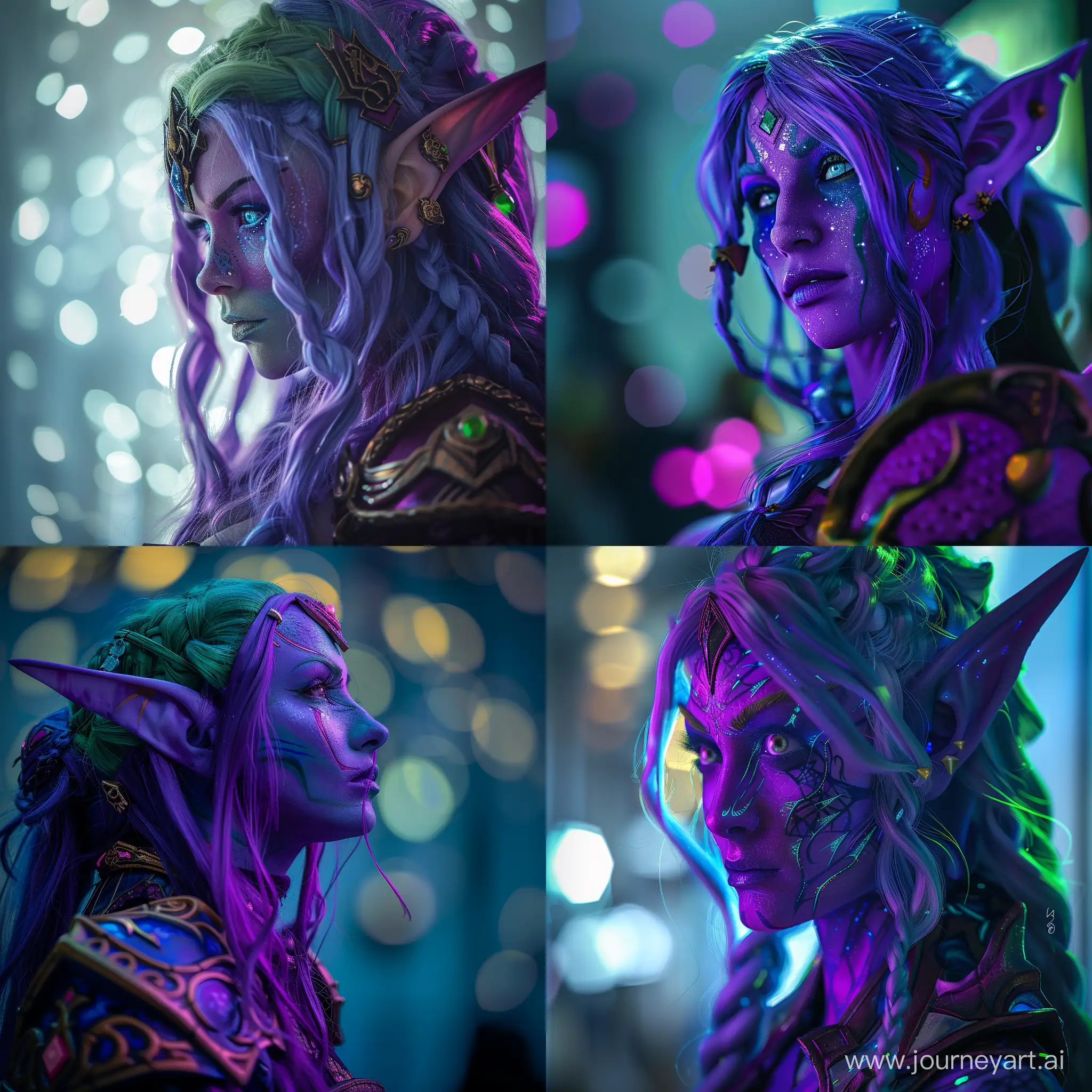world of warcraft Tyrande Whisperwind character, purple skin, blue-green hair, hyber detailed, modelcore, portrait photo. use sony a7 II camera with an 30mm lens fat F.1.2 aperture setting to blur the background and isolate the subject. use distinctive lighting on the subjects shot. The image should be shot in ultra-high resolution. --v 6
