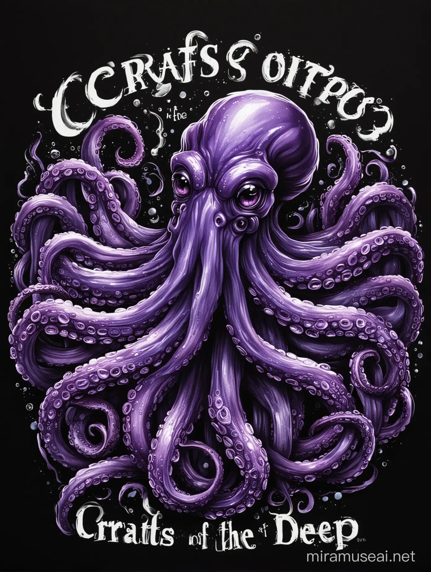 Violett octopus in the style of a streamer logo with the caption „Crafts of the Deep“, black background