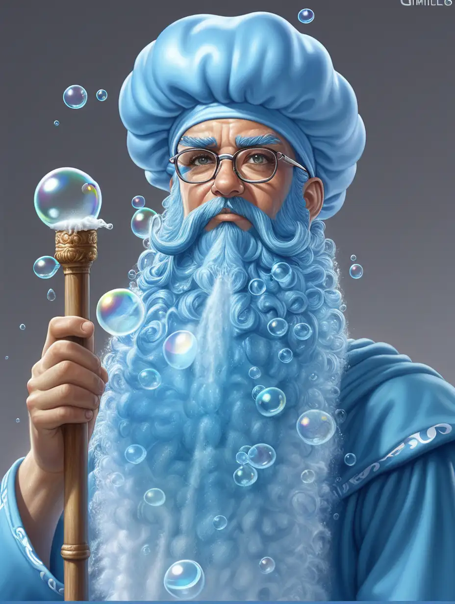gimili with a shower cap and a bubble beard, his staff is a shower head, fellowship of the clean, bubble blessings around, art neuvo, cleaning wand, shower head, bathroom wizard