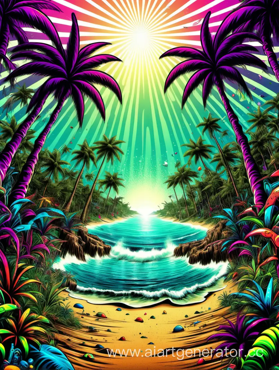psychedelic background for poster, rave, sea, digital, art, realistic , fx effects, psytance, beach open air, party people, jungle
