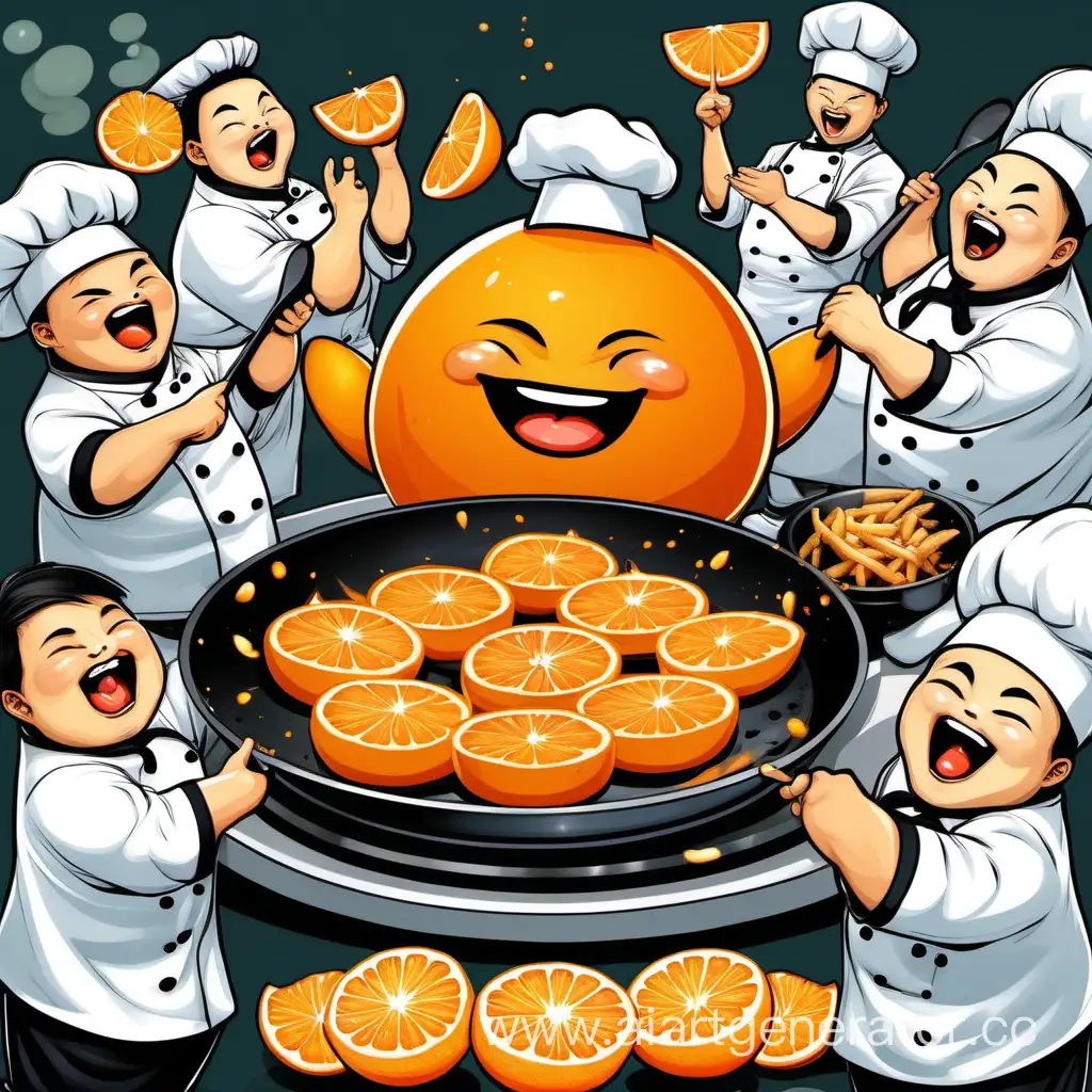 Joyful-Celebration-of-Chinese-Chefs-with-Fried-Orange-in-Frying-Pan