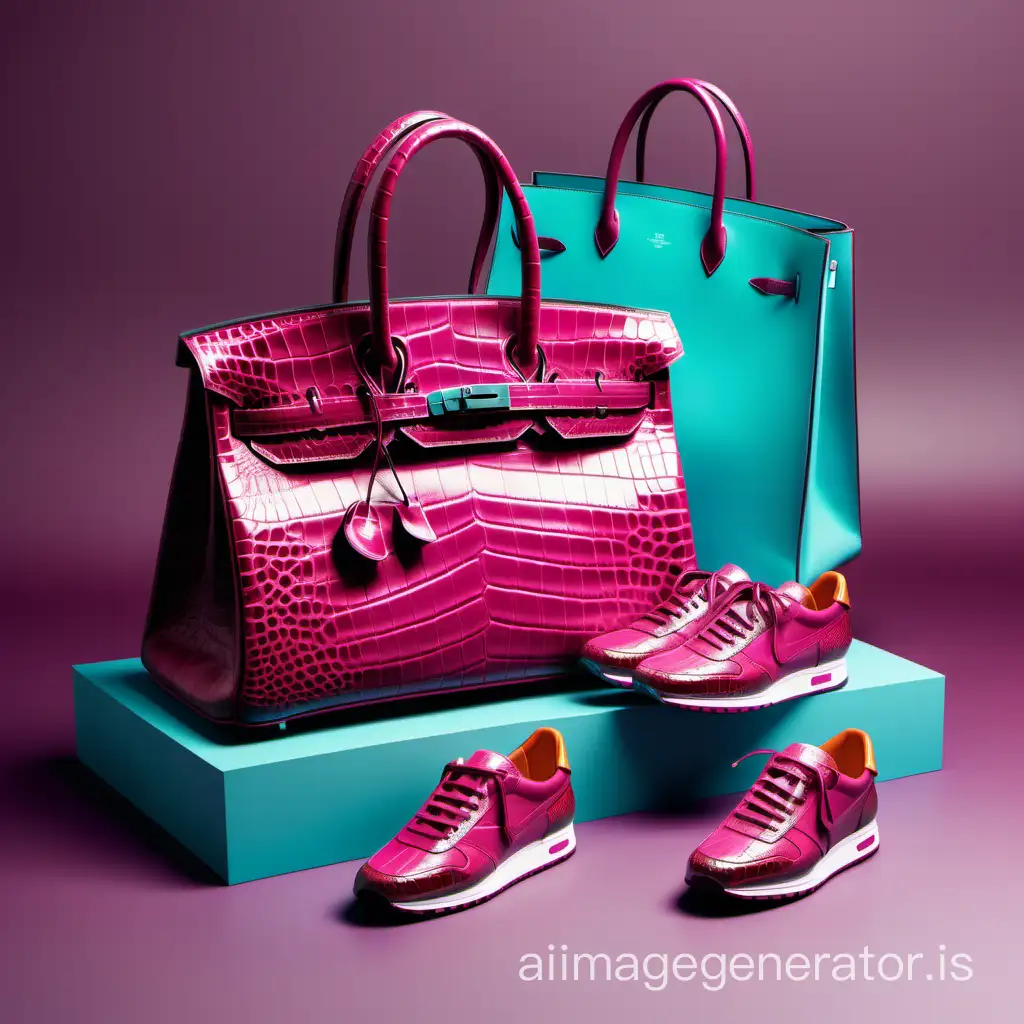Create a logo for a website selling bags and sneakers, the background of the logo itself is bright turquoise. The overall atmosphere of this photo exudes luxury, sophistication and elegance. A fashionable Hermes birkin bag made of fuchsia marsala crocodile leather is depicted in close-up. It is depicted slightly sideways. Nike Air sneakers are depicted. The color of the sneakers varies from white to orange. High quality, 4K, high resolution. Sneakers and a bag combine minimalist aesthetics and fantastic elements, detailing.