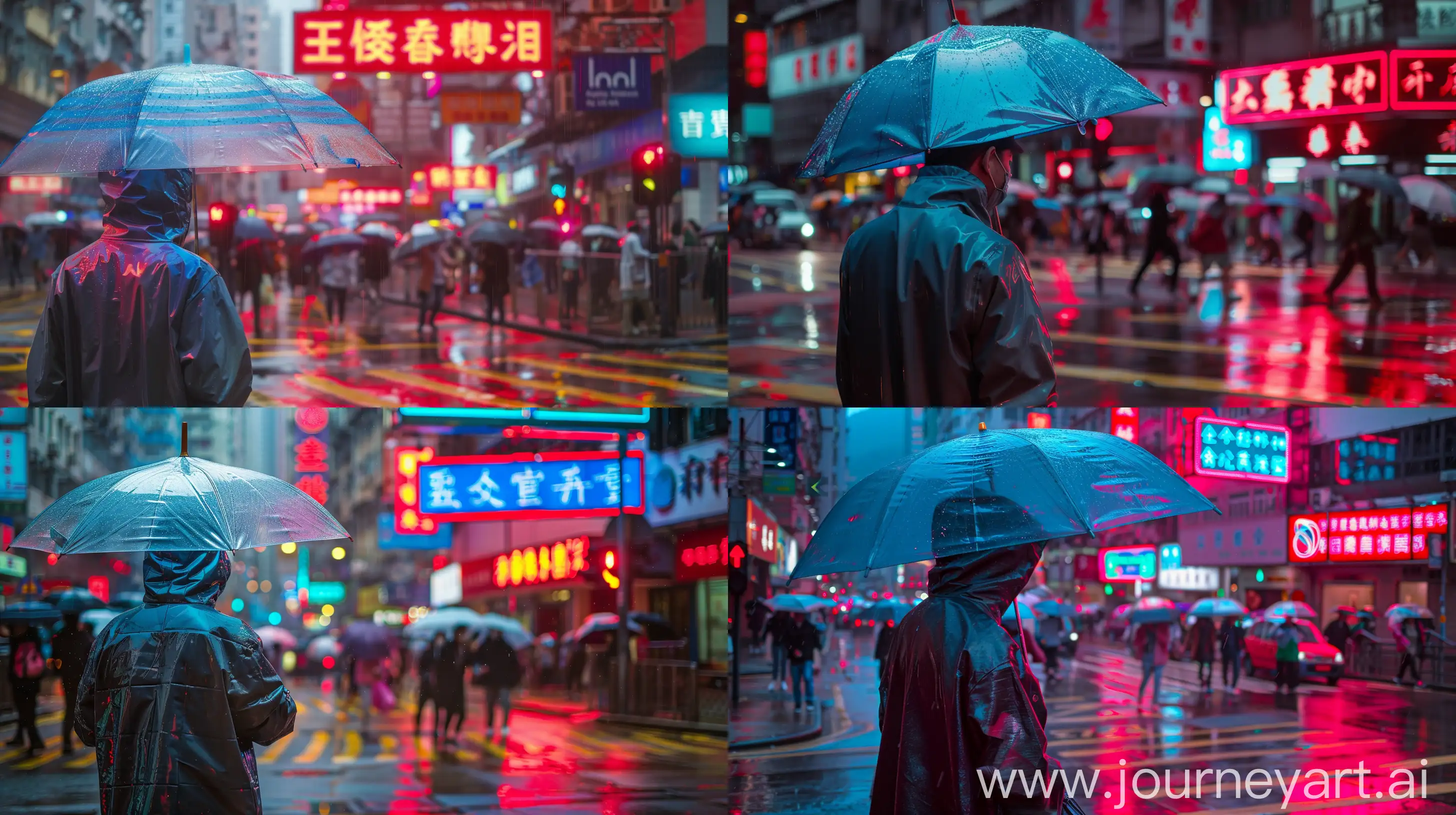 rainny day, a man under an umbrella wearing a raincoat, red and blue neon light, hongkong street, cross road, lots of people --ar 16:9 --v 6.0