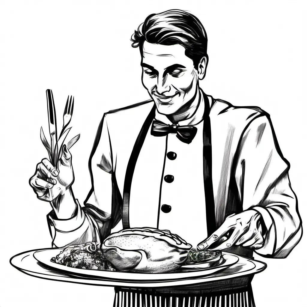 Create a hand sketch of a waiter serving food.
All the drawing should fit in the image.
No colors. White background. No shades. Background : FFFFFF