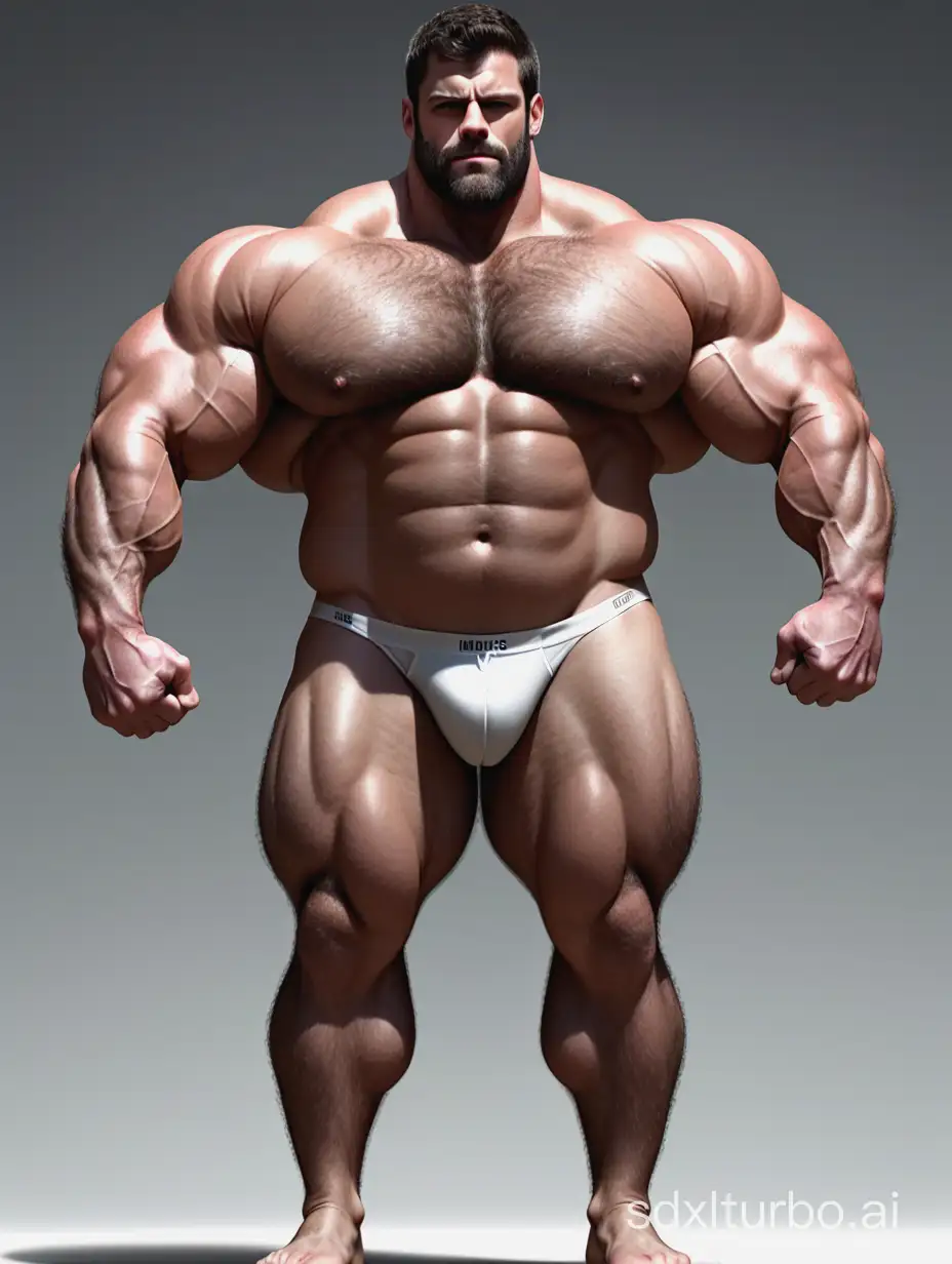 White skin and massive muscle stud, much bodyhair. Huge and giant and Strong body. Long and strong legs. 2m tall. very Big Chest. very Big biceps. 8-pack abs. Very Massive muscle Body. Wearing underwear. he is giant tall. very fat. very fat. very thick. Full Body diagram. long legs. Raise his arms to show his thick and long biceps.