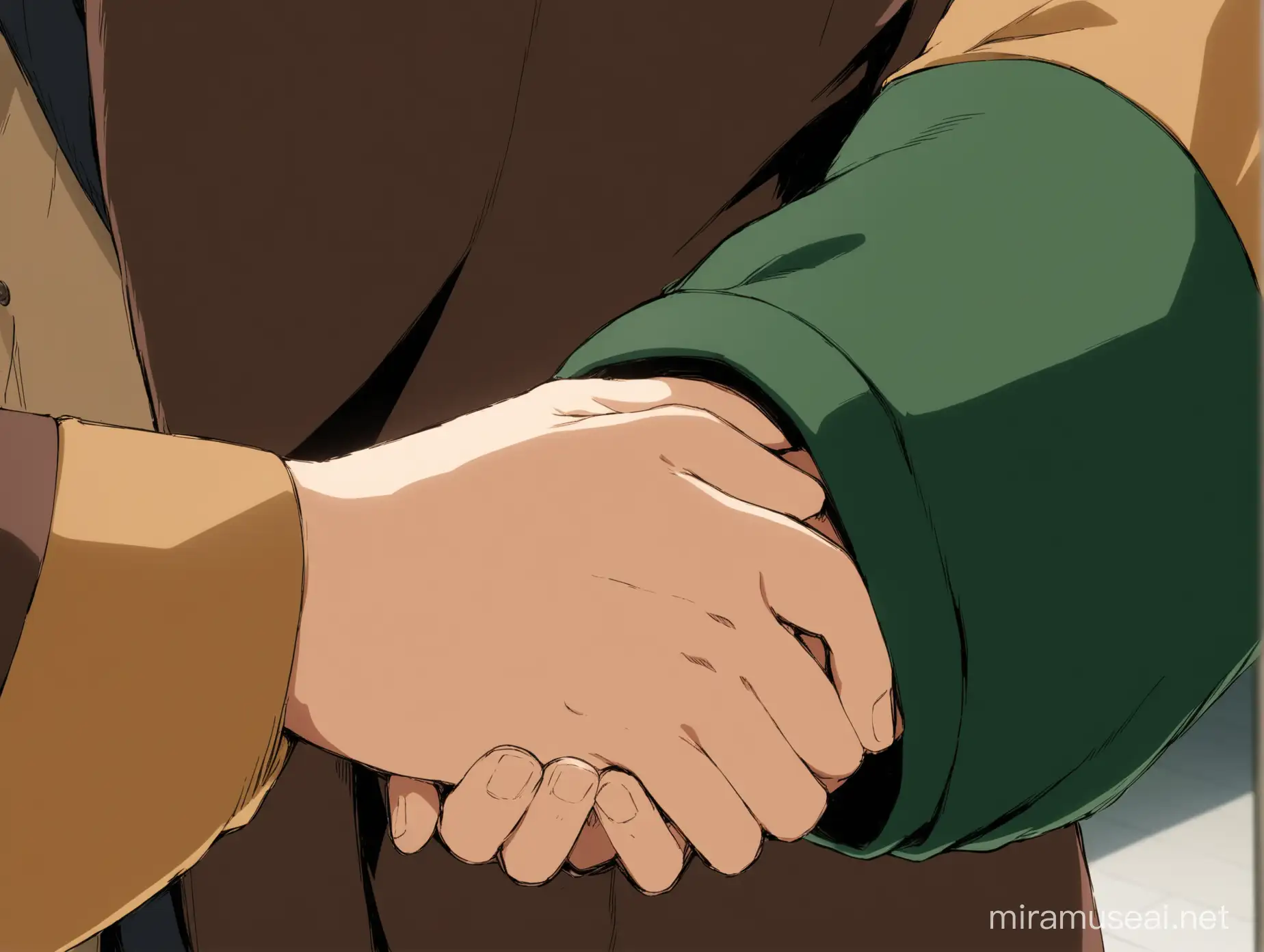 An image of a hand of an anime character wearing brown detective clothes pushing another anime character wearing dark green hoodie
