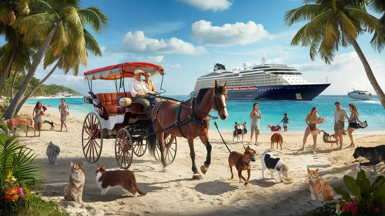 Tropical Beach Scene with Horse and Carriage Cruise Boat and Pets