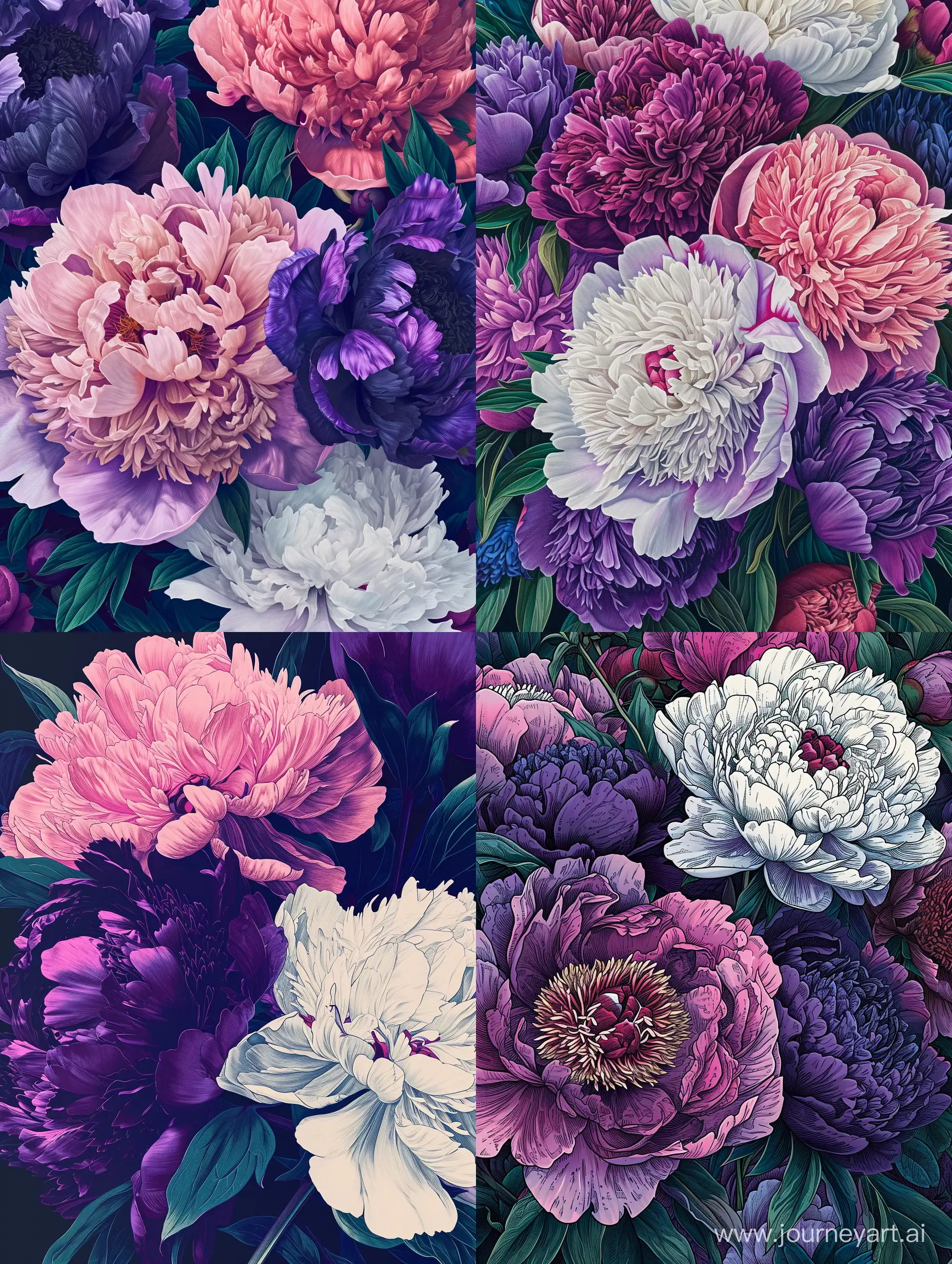 a vibrant and lively Risograph of peonies in full bloom. Highly intricate detailing, texture detail, 8k, The medium should be hyper-realistic drawing, in the style of Leon Bakst.   The lighting should be bright and direct, highlighting the intricate details and vivid colors of the flowers. The colors should be a vibrant palette of purples, pinks, whites, dark blues and greens 