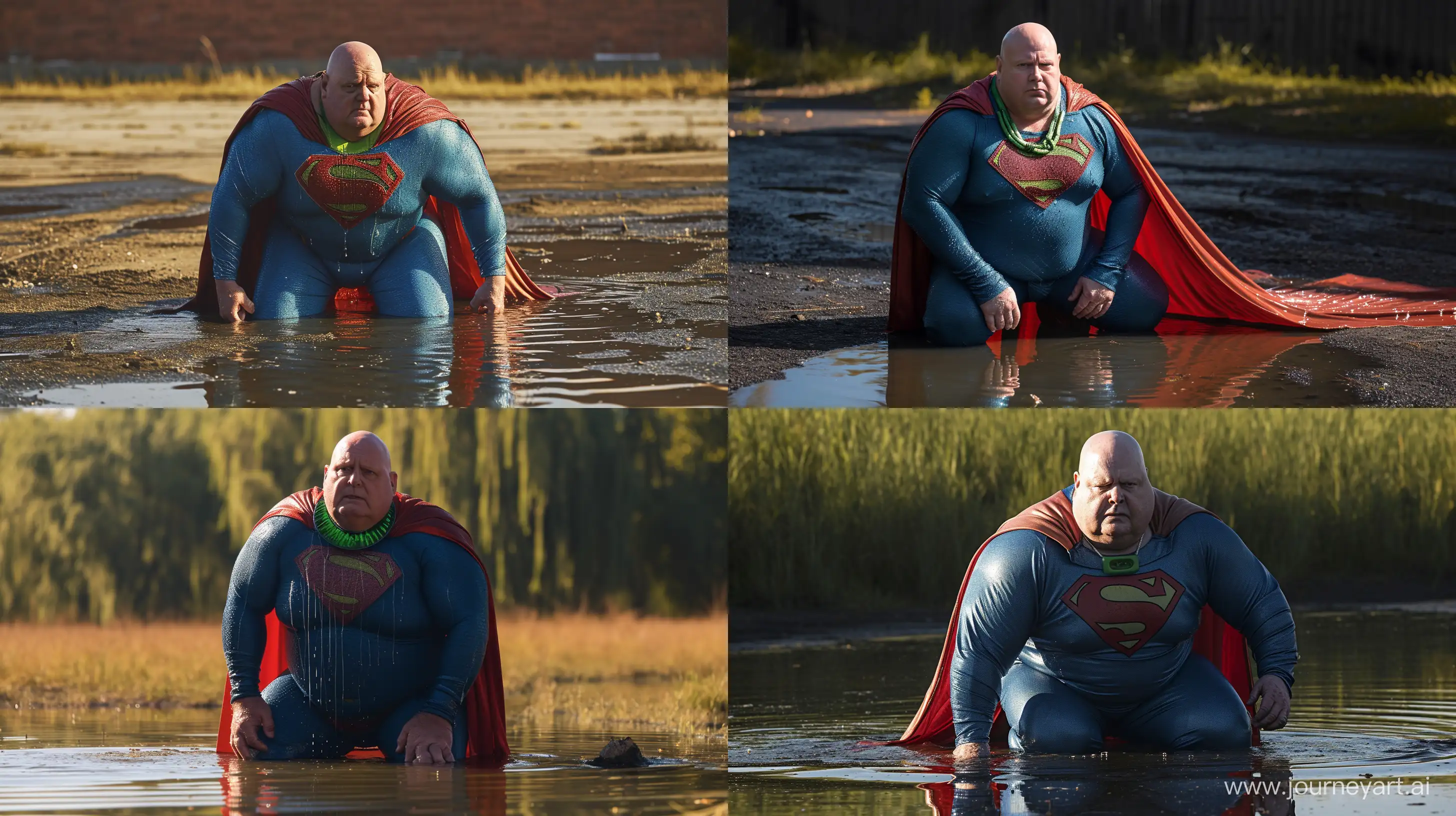 Photo of a man kneeling in water. He is a chubby man aged 70. He wears a wet tight slightly shiny blue superman costume with a  green nacklace. Big red cape. Natural Light. Clean shaven. Bald. Outside. High-quality. --ar 16:9 --v 6