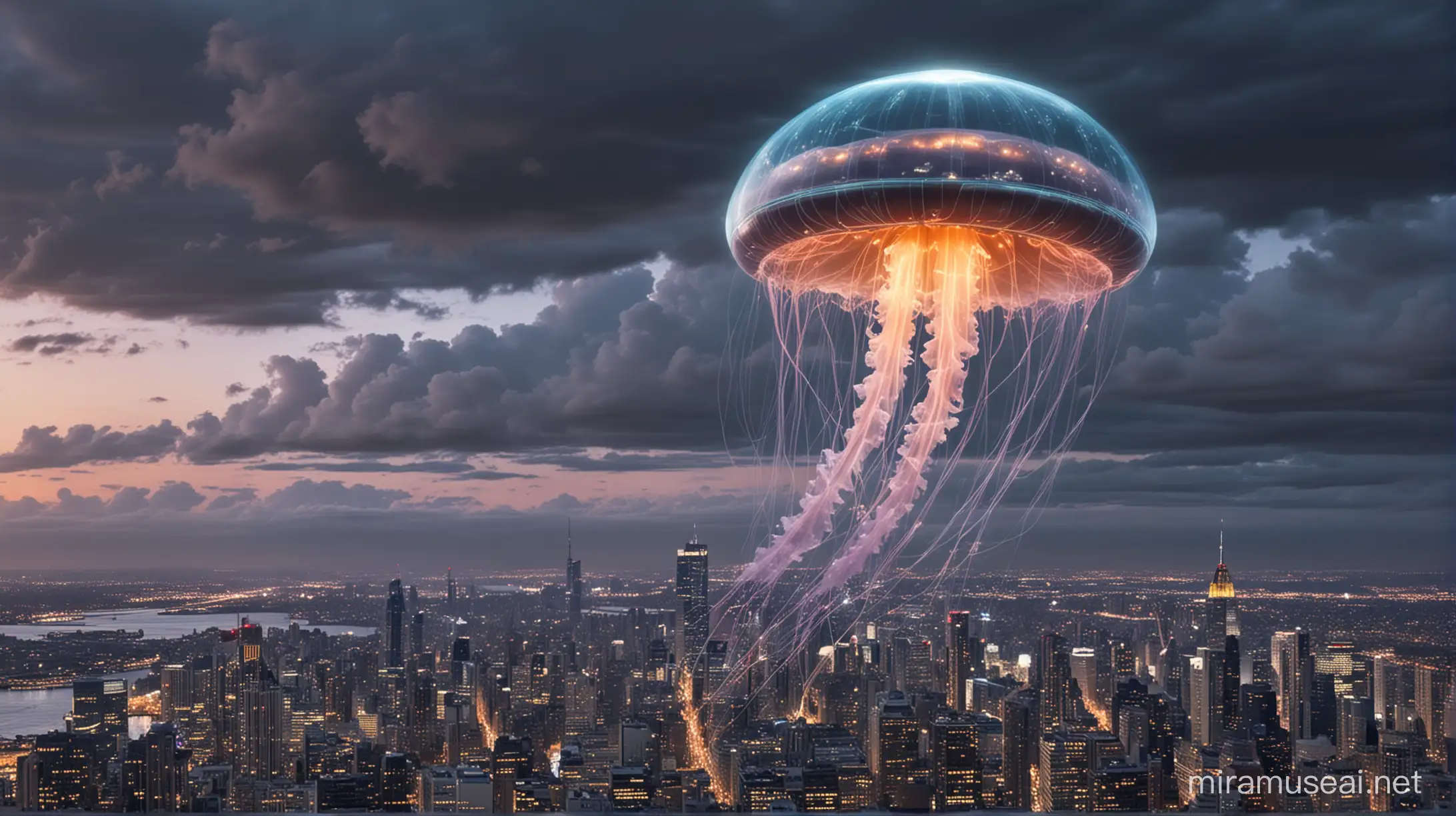 Create a jellyfish over a city which look like a ufo