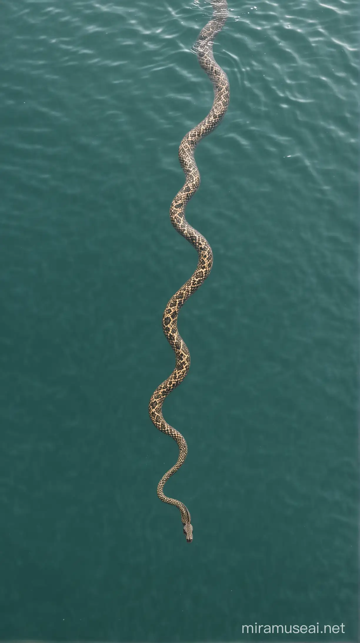Snake on water swim in the middle of sea,look from sky