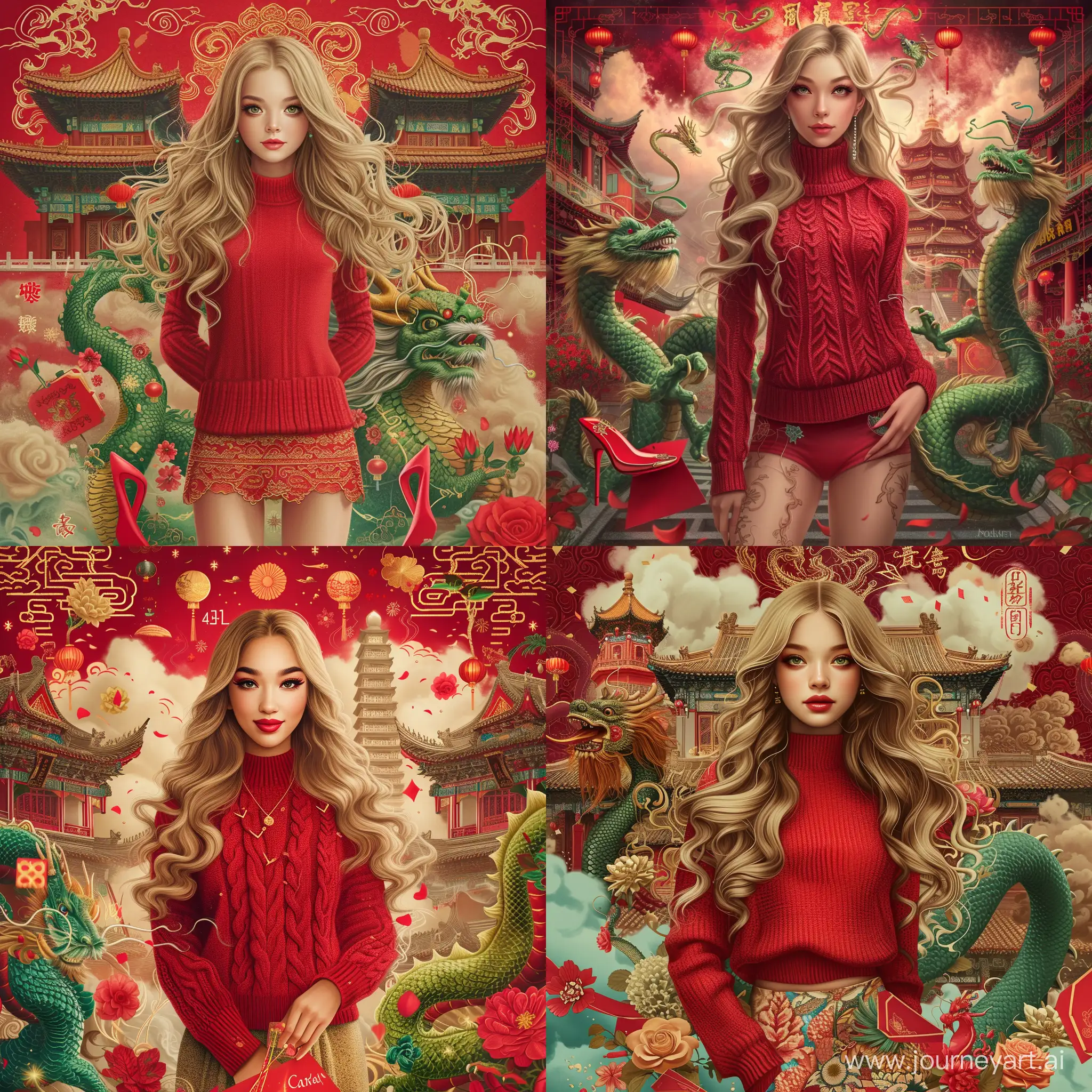 (masterpiece:1.2),(best quality:1.2),realistic,4K,exquisite details,perfect composition,（Chinese building background:1.4），illustrator,Canadian,（A stunning girl:1.2)，（beautiful：1.1）,(long curved hair:1.2),Long blonde gradient hair，(delicate face:1.3),full body,26 years old，（big eyes：1.1）,eyelashes,fashion,short dress,(1eastern dragon:1.3), （1green dragon：1.4）, The dragon surrounds the girl,solo,smile,Red sweater，Fashionable clothes,Red heels,(firecracker:1.1)，(fireworks:1.2), smoke, colorful auspicious clouds, Gold ingots，red envelope，flowers，dance,（Crimson background：1.2），(colorful theme:1.1),outdoors, perspective,artist name
