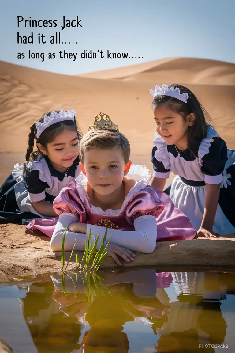 Adorable-Princess-Boy-Resting-by-the-Sahara-Pond-with-Attentive-Maid-Companions