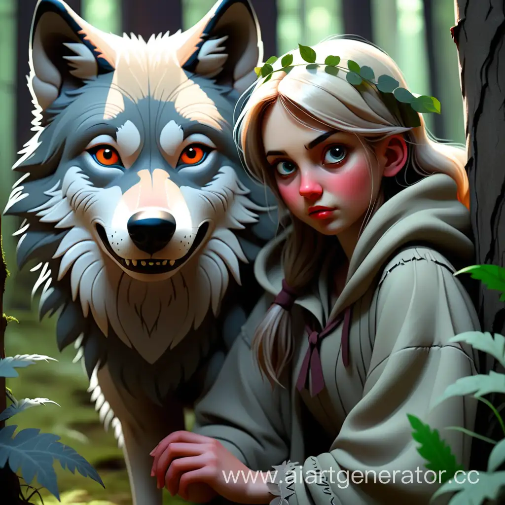 Enchanting-Encounter-Girl-in-the-Forest-with-a-Wolf