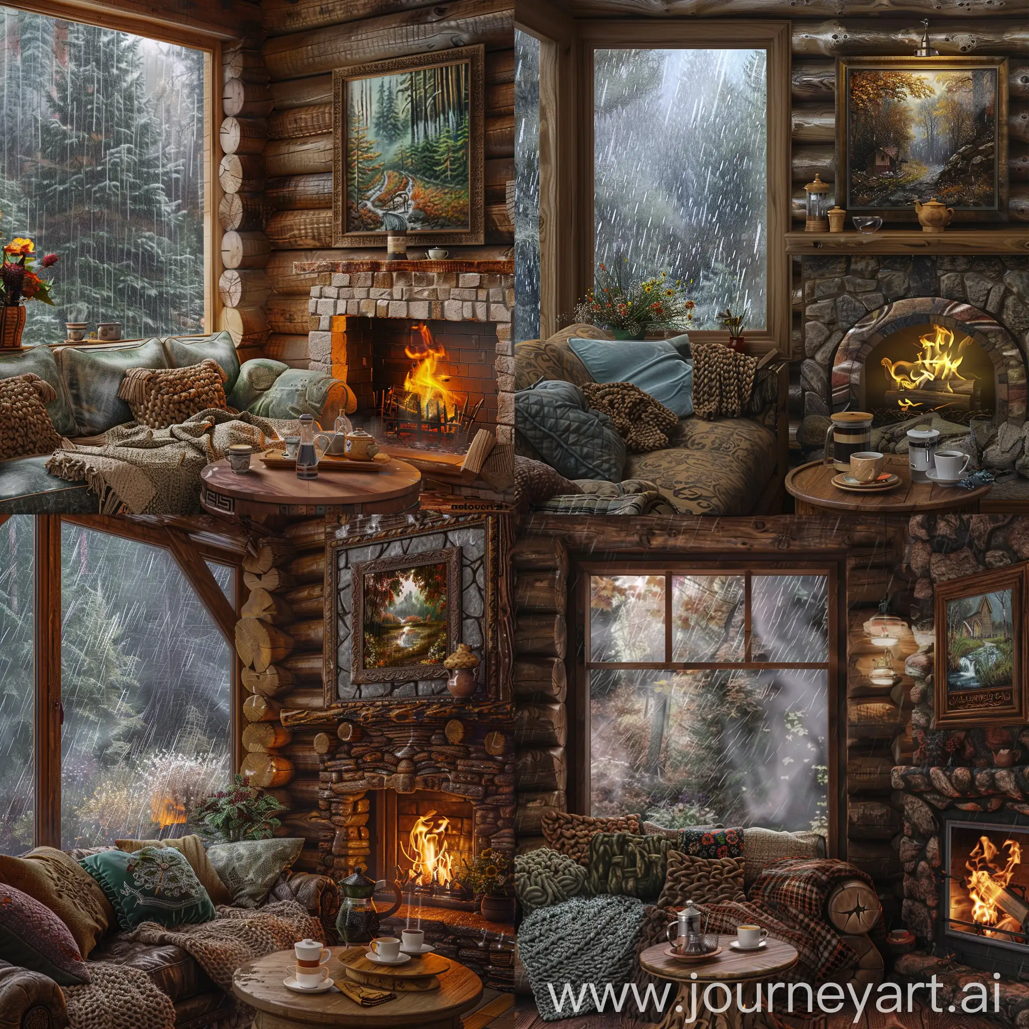 A highly aesthetic and textured log cabin interior in vertical orientation with a rainy atmosphere outside. Inside, the fireplace on the right should have an elegantly carved stone texture, with a bright and cozy fire. Above the fireplace, a beautiful, intricate rustic painting is prominently displayed. The walls are made of richly textured horizontal logs with deep wood grains, adding to the aesthetic feel. The window on the left now has gentle raindrops streaking down the pane, with a view of a dense, misty forest in a downpour. In front of the window, there's an artistically crafted round wooden table with a French press, two designer cups, and an ornate small teapot. The couch features luxuriously plush pillows and a thick, hand-knitted throw blanket in earth tones. A stylish wooden side table holds an arrangement of lush wildflowers in a decorative vase. Soft, warm lighting enhances the room's textures and complements the romantic rainy view, creating a picture-perfect cozy atmosphere.